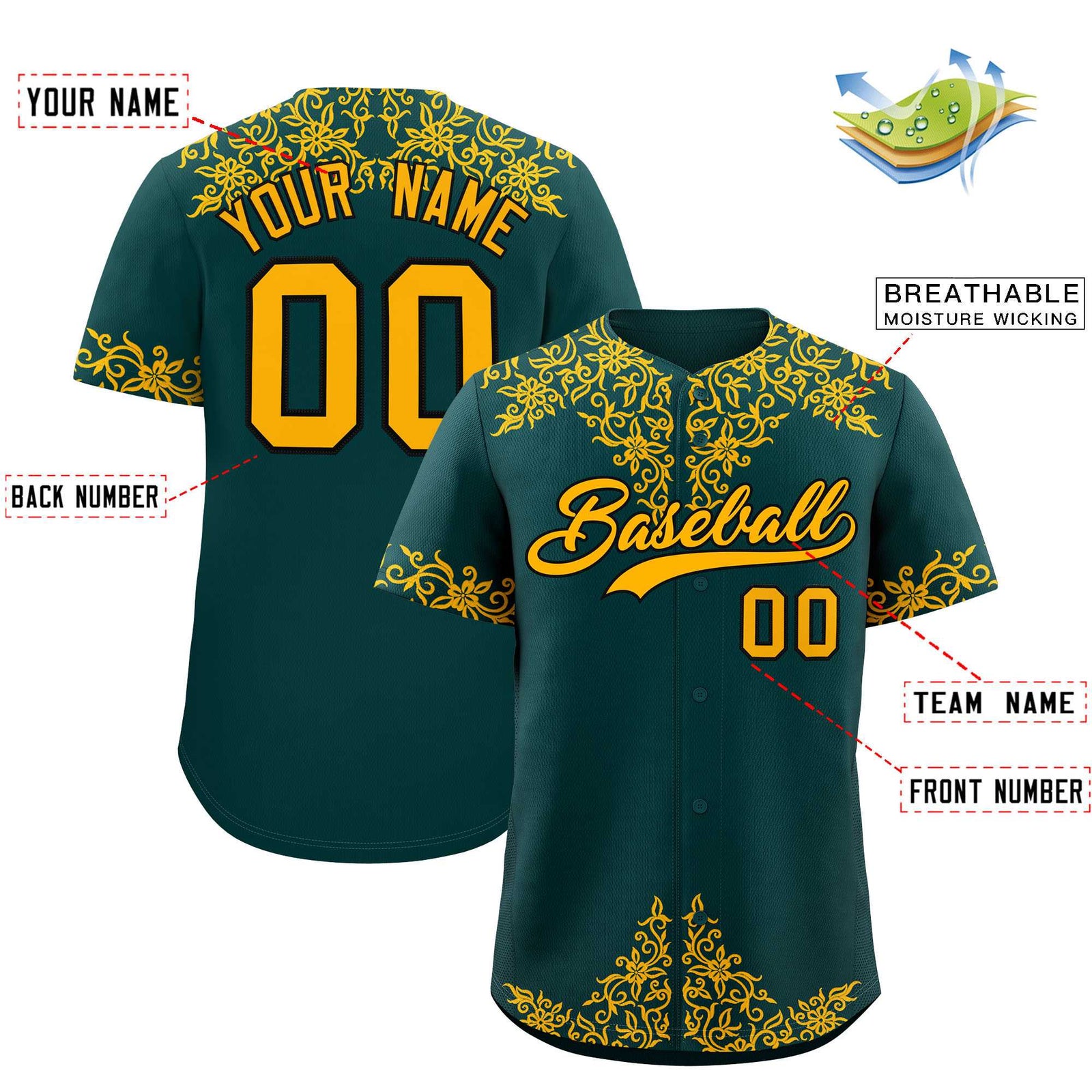 Custom Midnight Green Gold Baroque Style Personalized Baseball Jersey