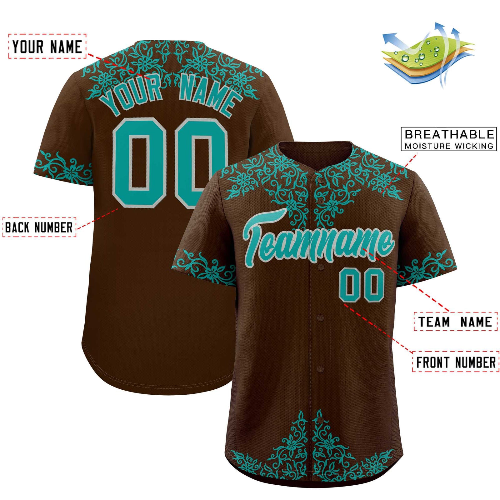 Custom Brown Teal Baroque Style Personalized Baseball Jersey