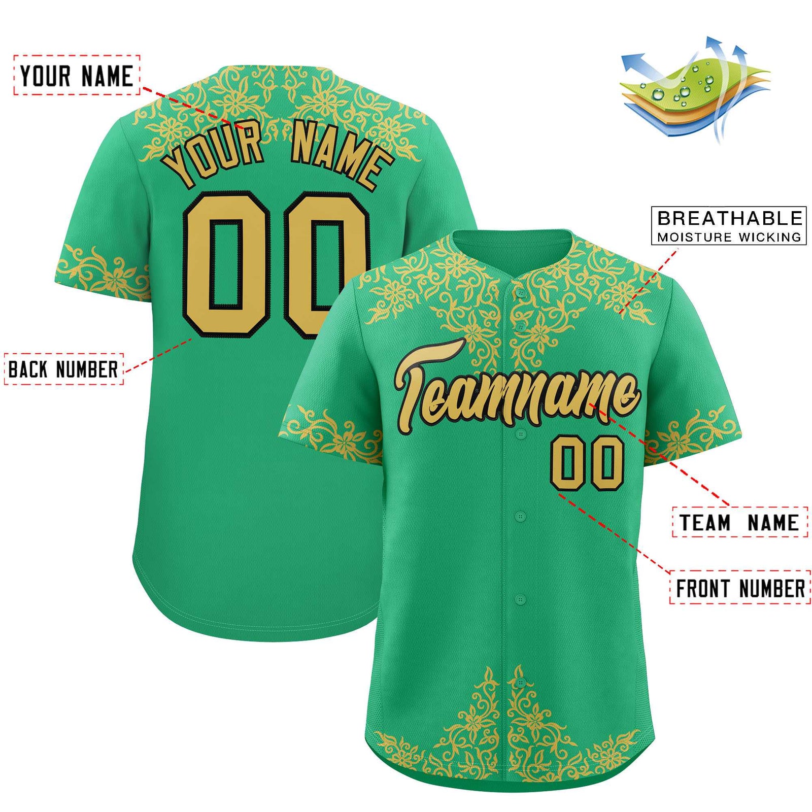 Custom Bright Green Old Gold Baroque Style Personalized Baseball Jersey