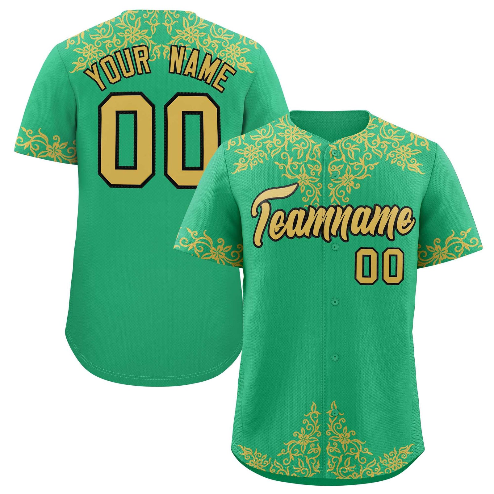 Custom Bright Green Old Gold Baroque Style Personalized Baseball Jersey