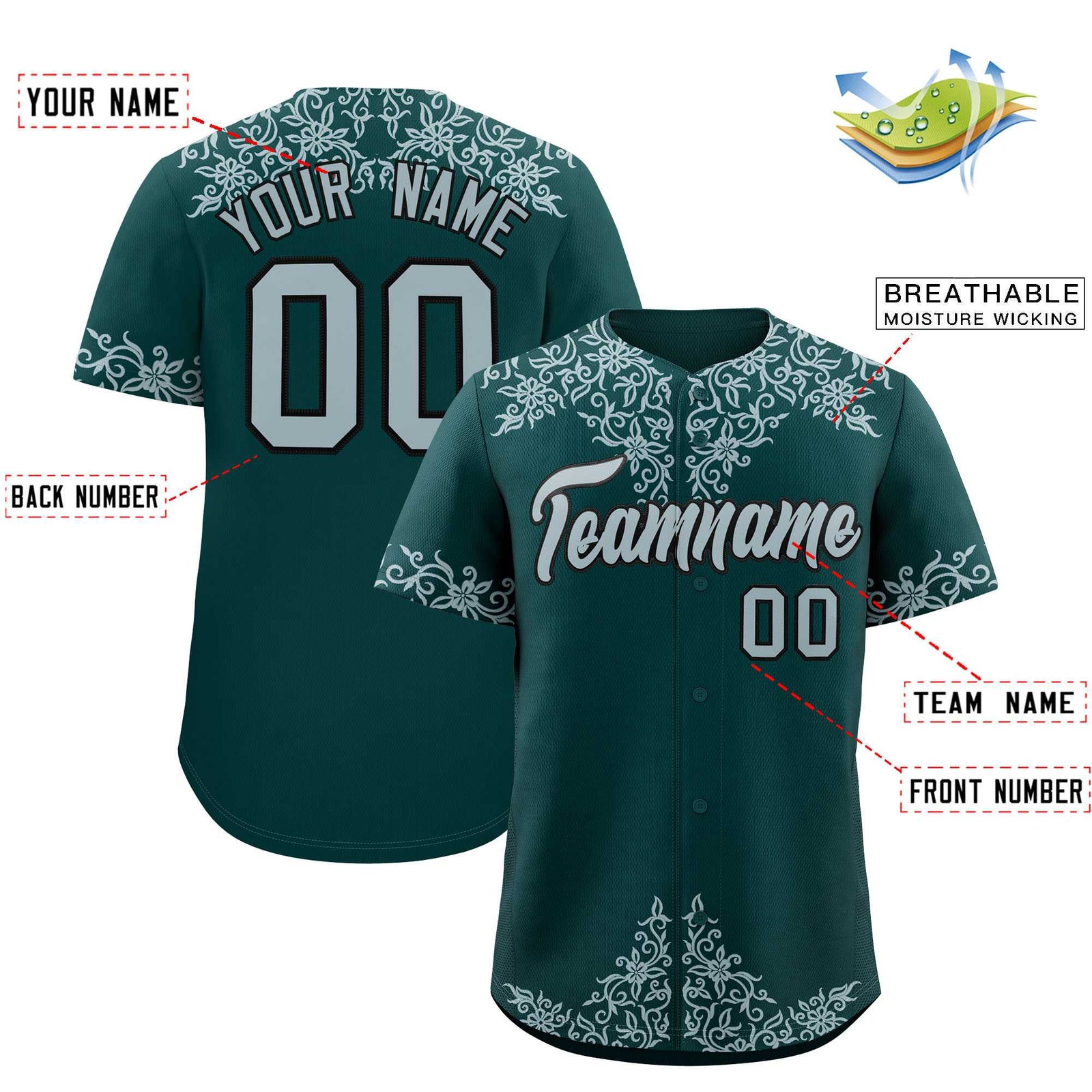 Custom Midnight Green Silver Baroque Style Personalized Baseball Jersey