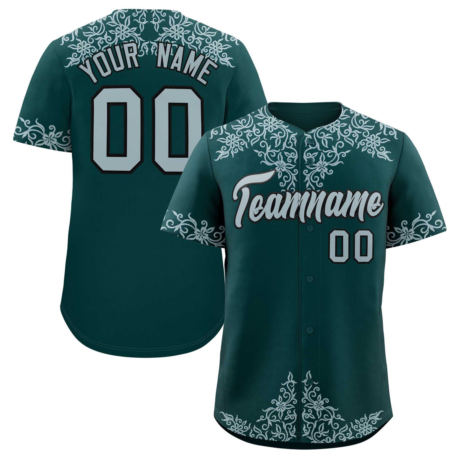 Custom Midnight Green Silver Baroque Style Personalized Baseball Jersey