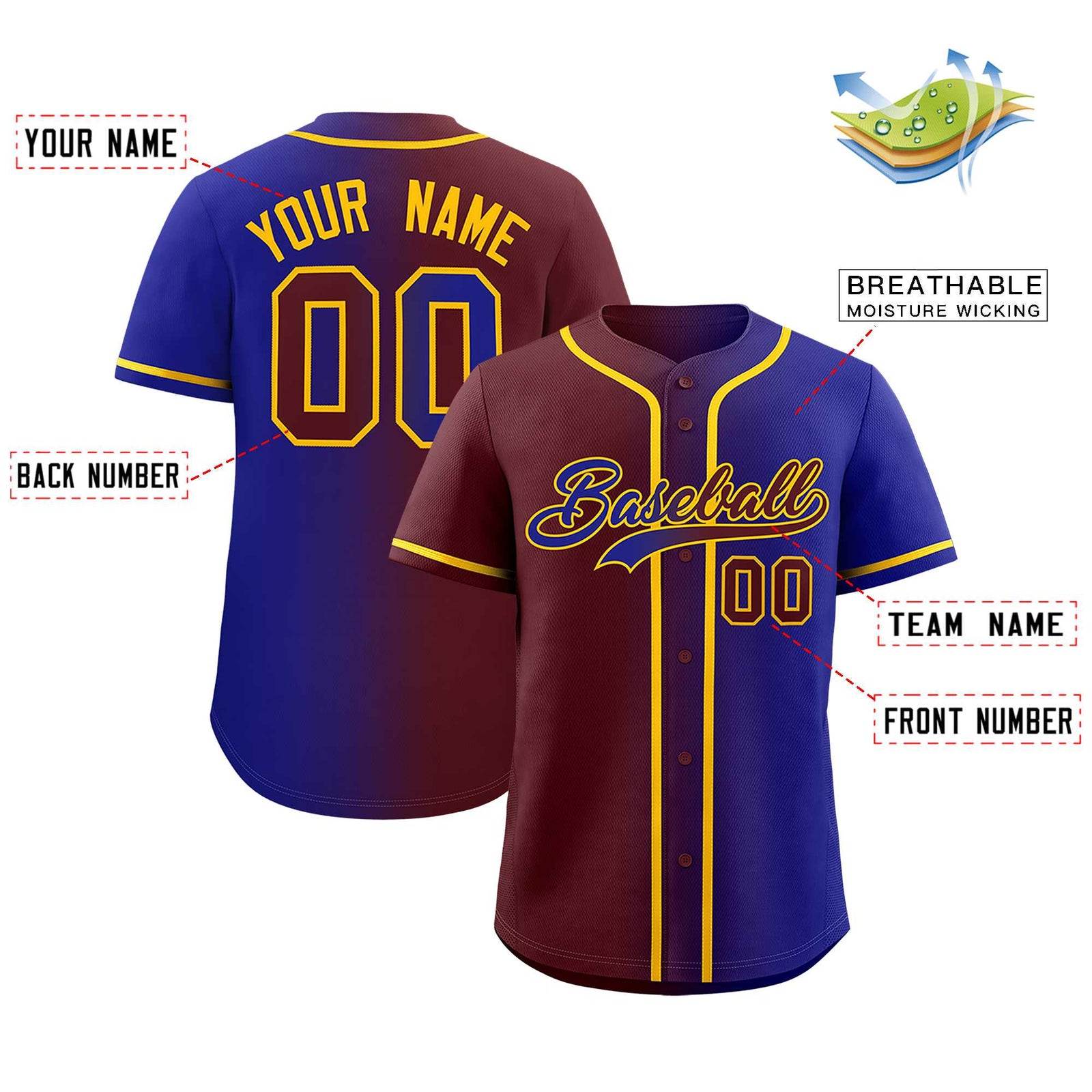 Custom Burgundy Royal Two Tone Gradient Fashion Authentic Baseball Jersey