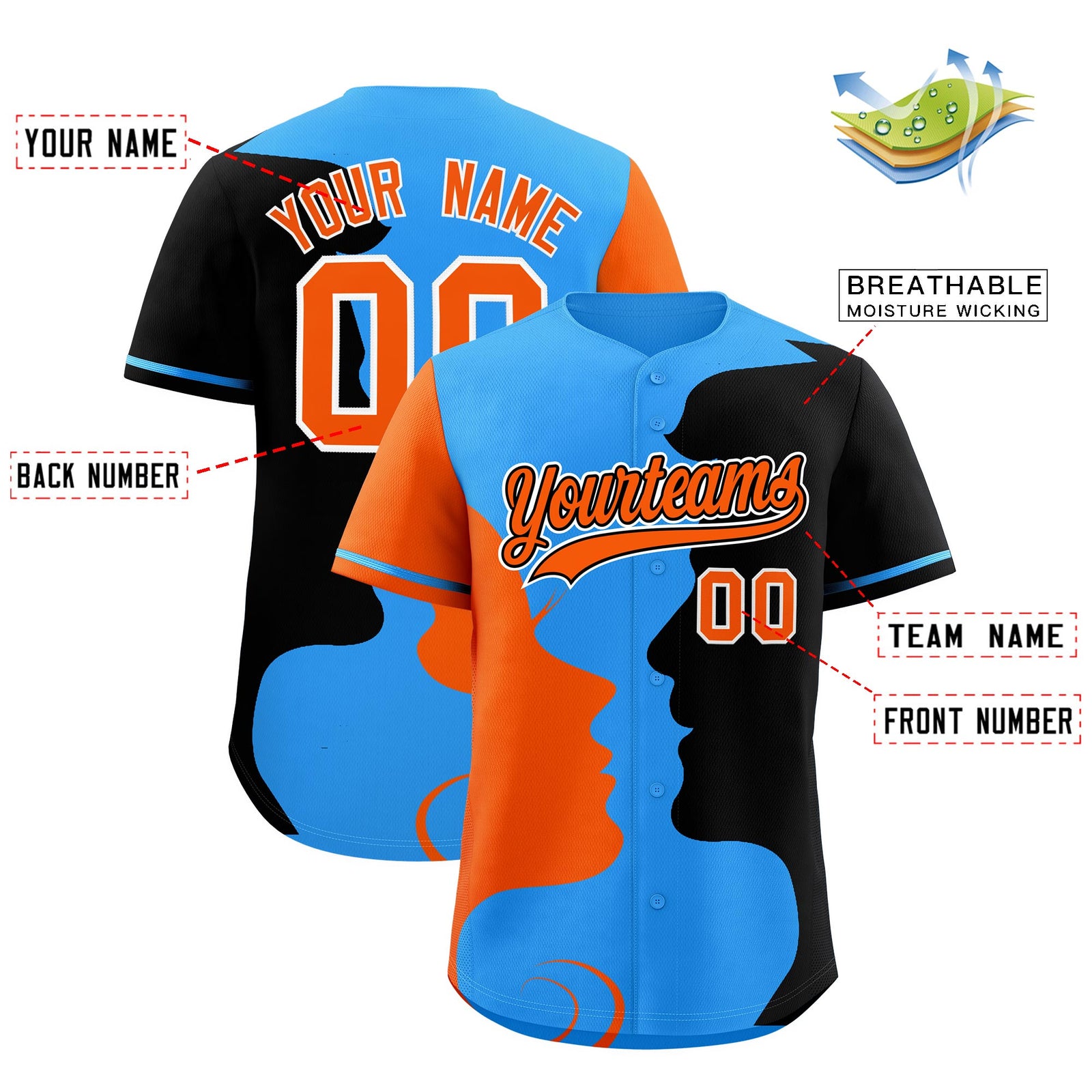 Custom Powder Blue Orange Black Silhouettes of Loving Couple Valentine's Day Baseball Jersey| KXKSHOP