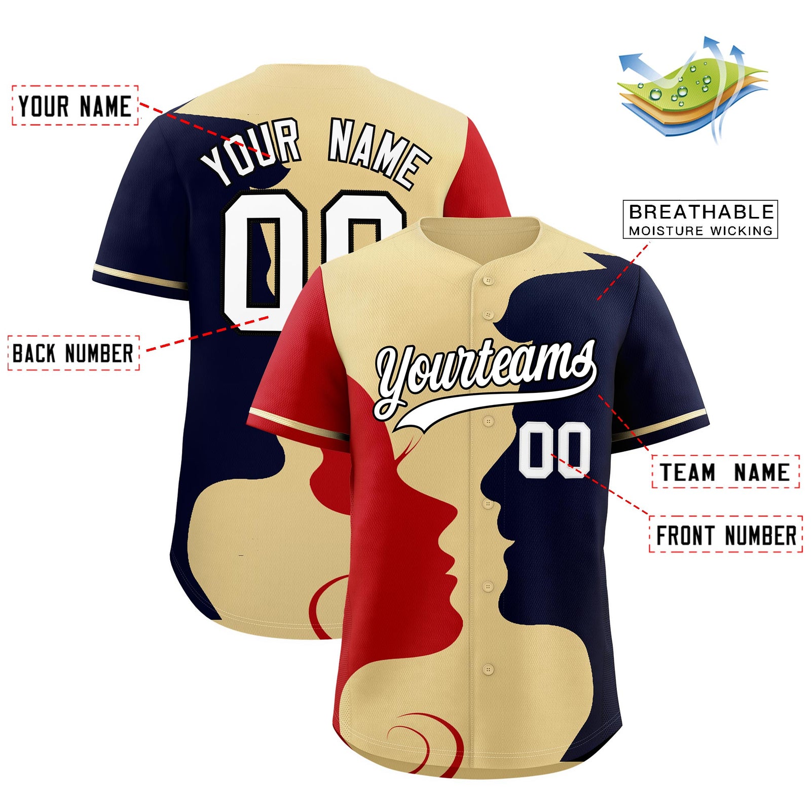 Custom Khaki Red Navy Silhouettes of Loving Couple Valentine's Day Baseball Jersey| KXKSHOP