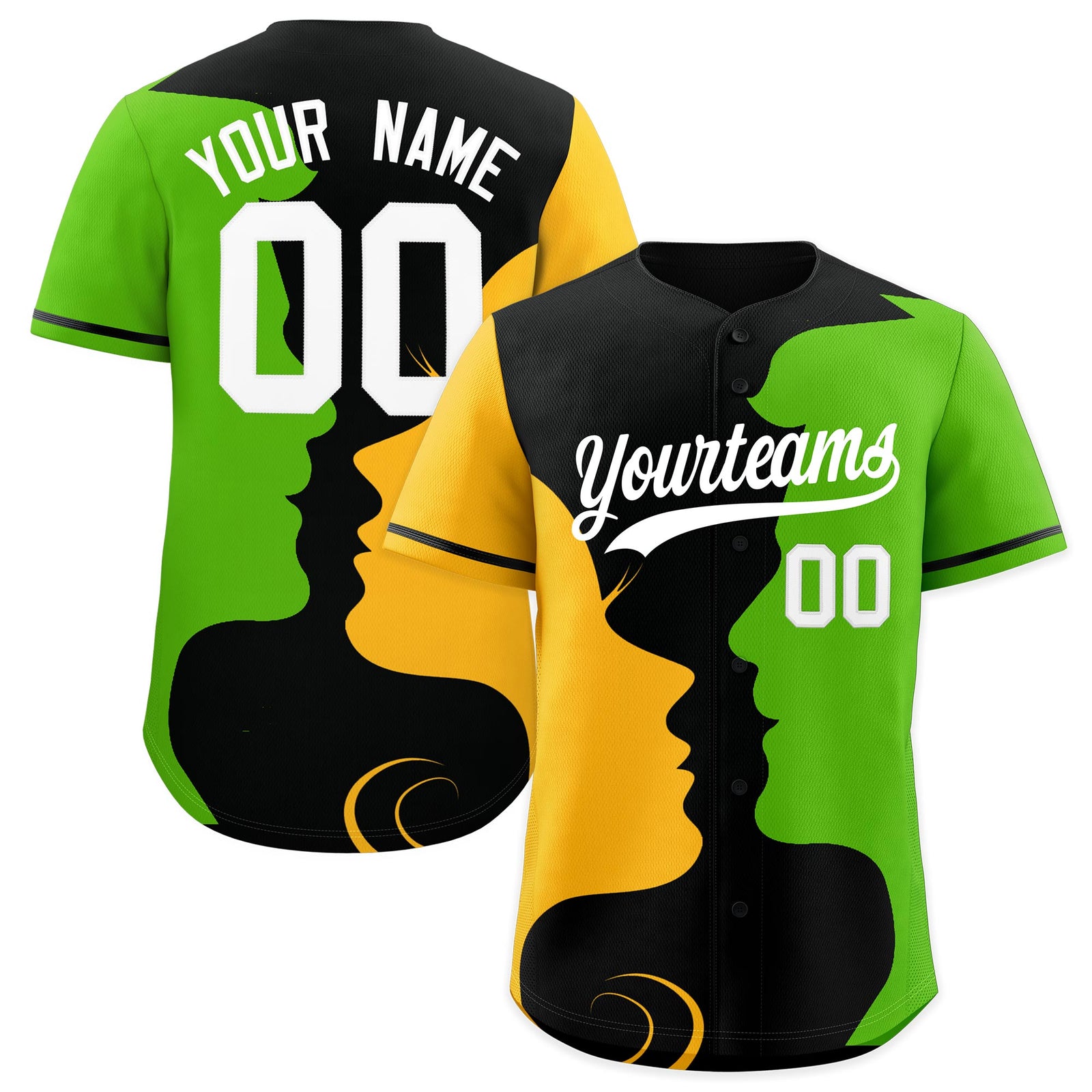 Custom Black Gold Neon Green Silhouettes of Loving Couple Valentine's Day Baseball Jersey| KXKSHOP