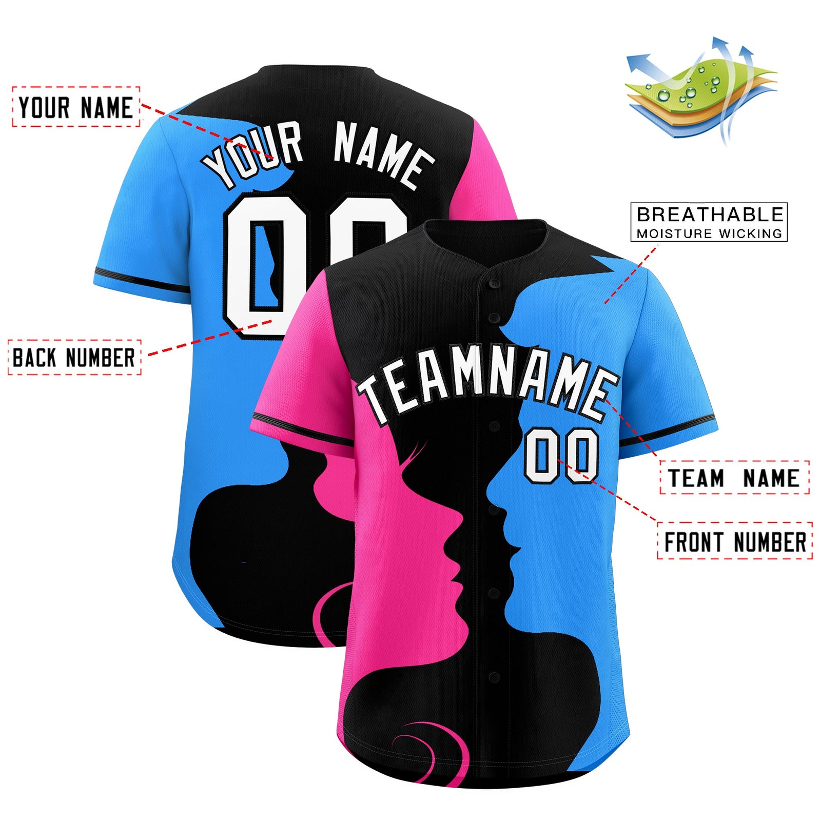 Custom Black Pink Powder Blue Silhouettes of Loving Couple Valentine's Day Baseball Jersey| KXKSHOP
