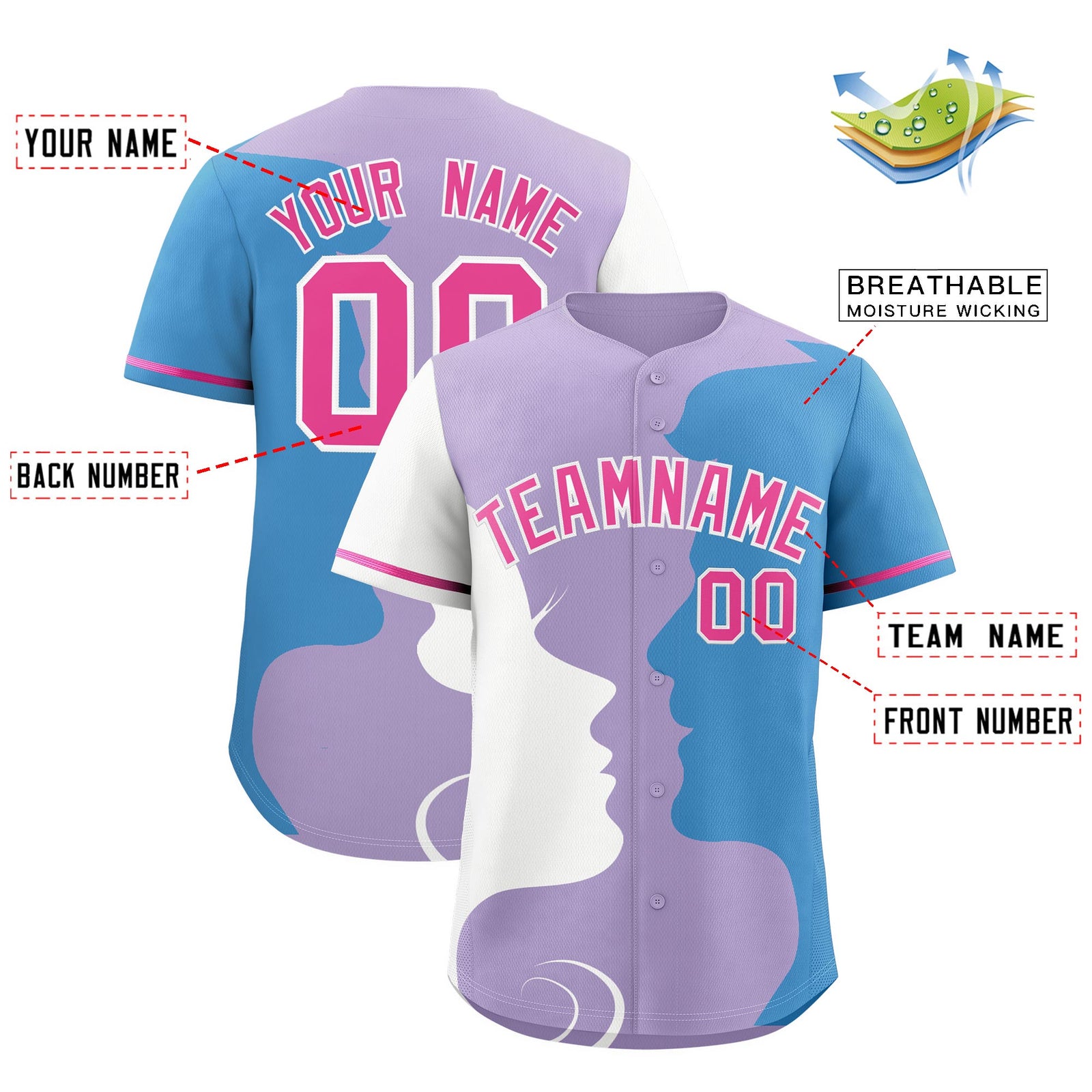 Custom Pink White Light Blue Silhouettes of Loving Couple Valentine's Day Baseball Jersey| KXKSHOP