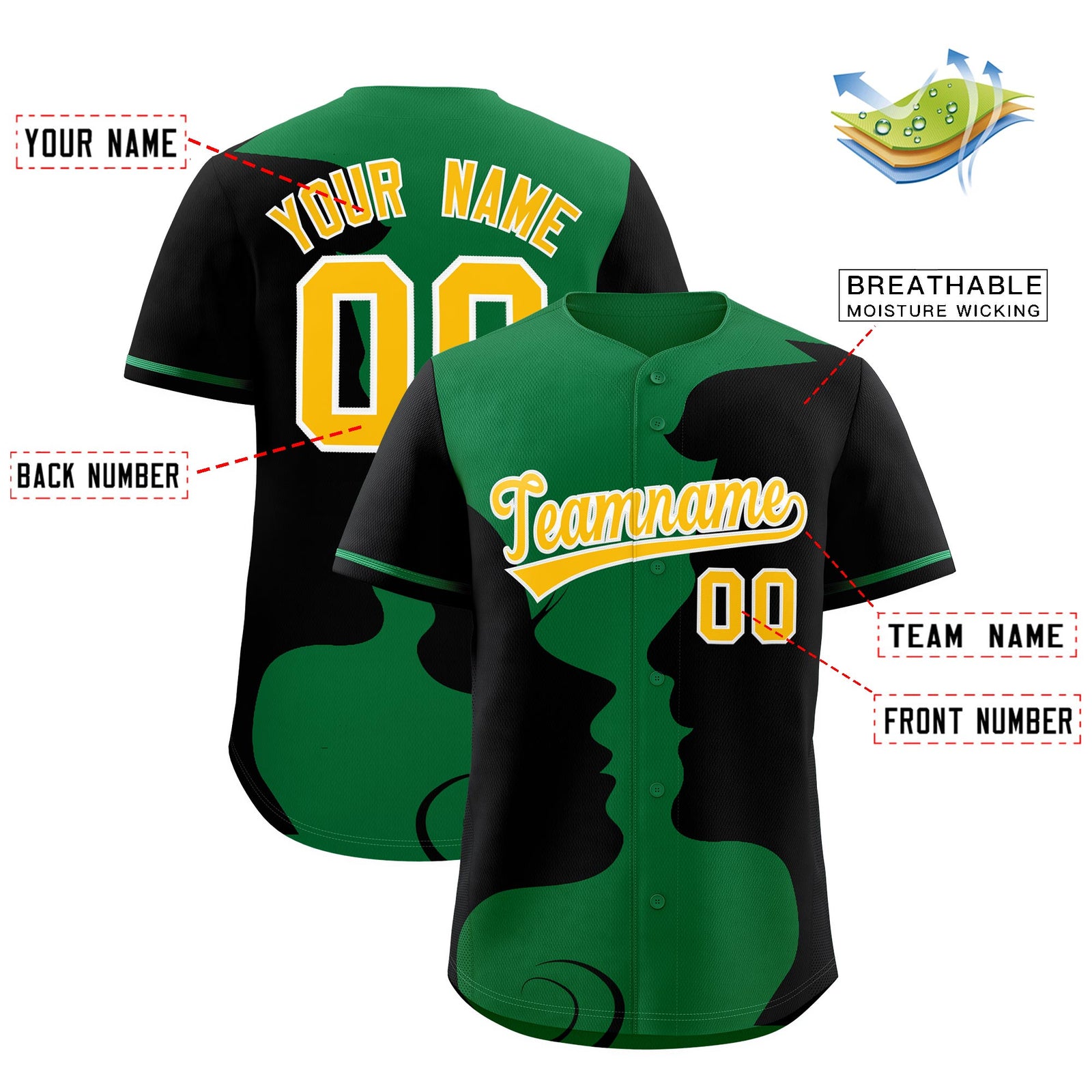 Custom Kelly Green Black Silhouettes of Loving Couple Valentine's Day Baseball Jersey| KXKSHOP