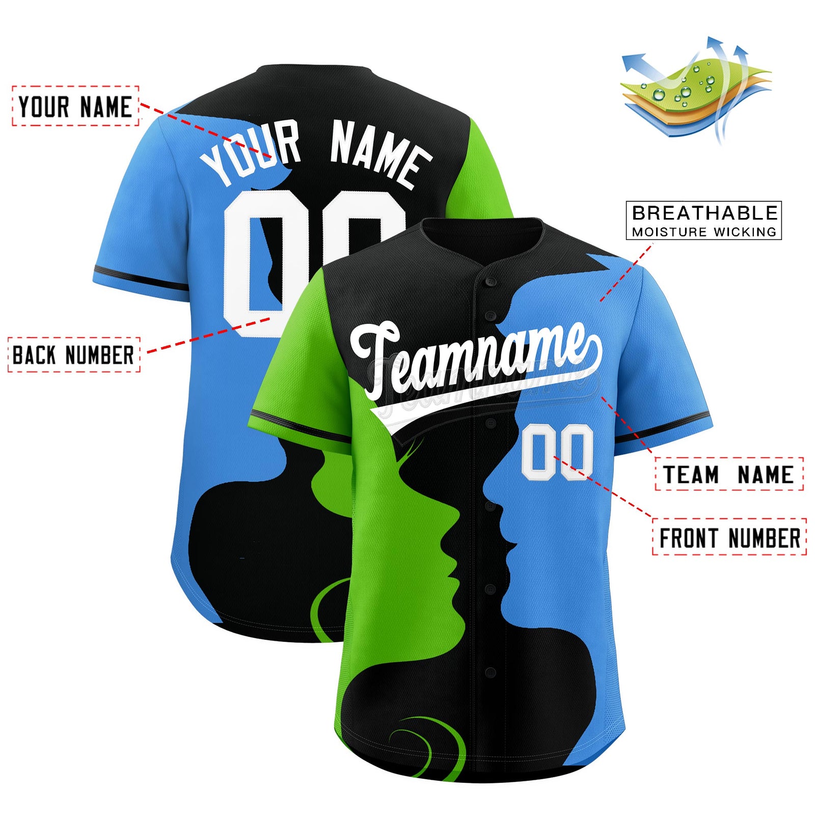 Custom Black Green Powder Blue Silhouettes of Loving Couple Valentine's Day Baseball Jersey| KXKSHOP