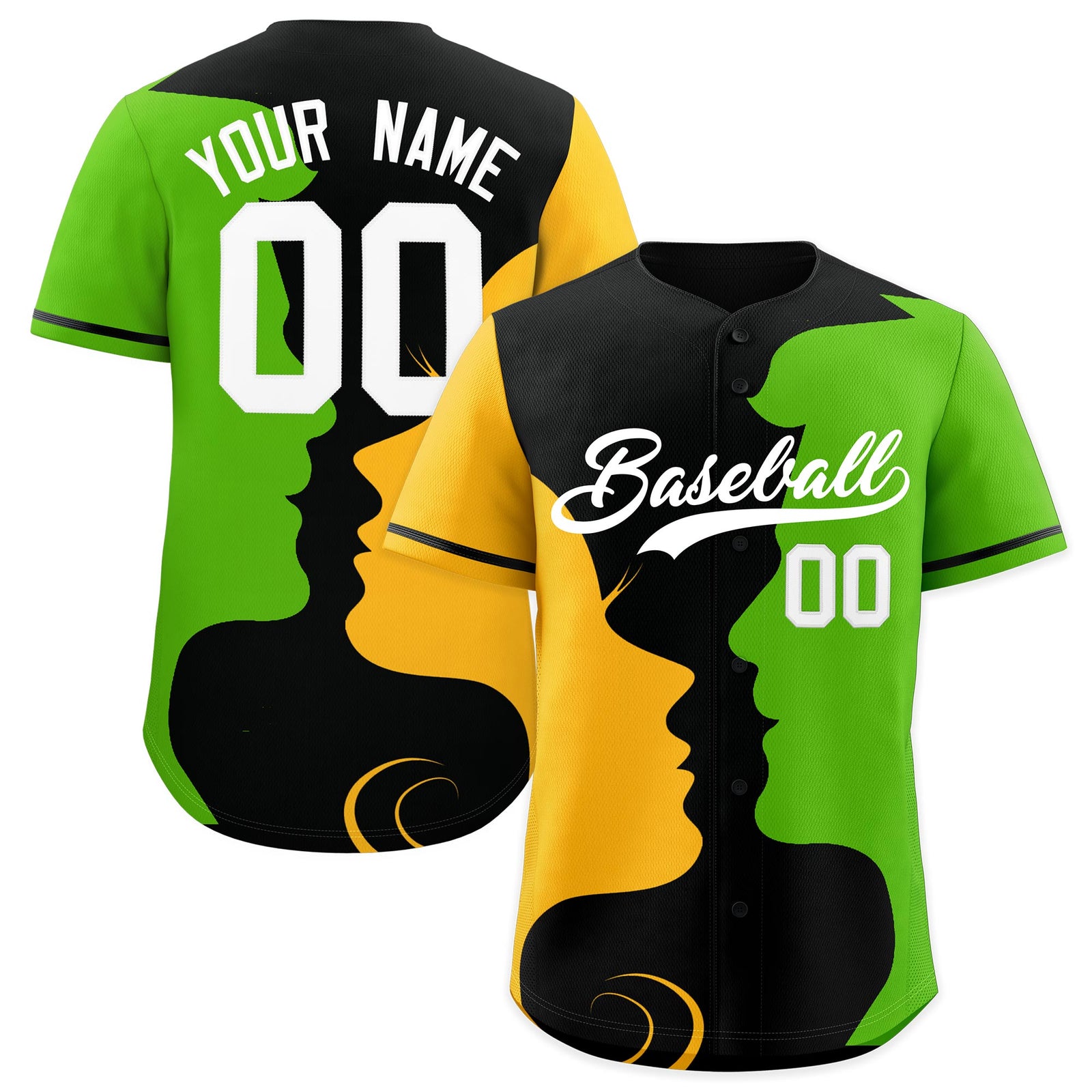 Custom Black Gold Neon Green Silhouettes of Loving Couple Valentine's Day Baseball Jersey| KXKSHOP
