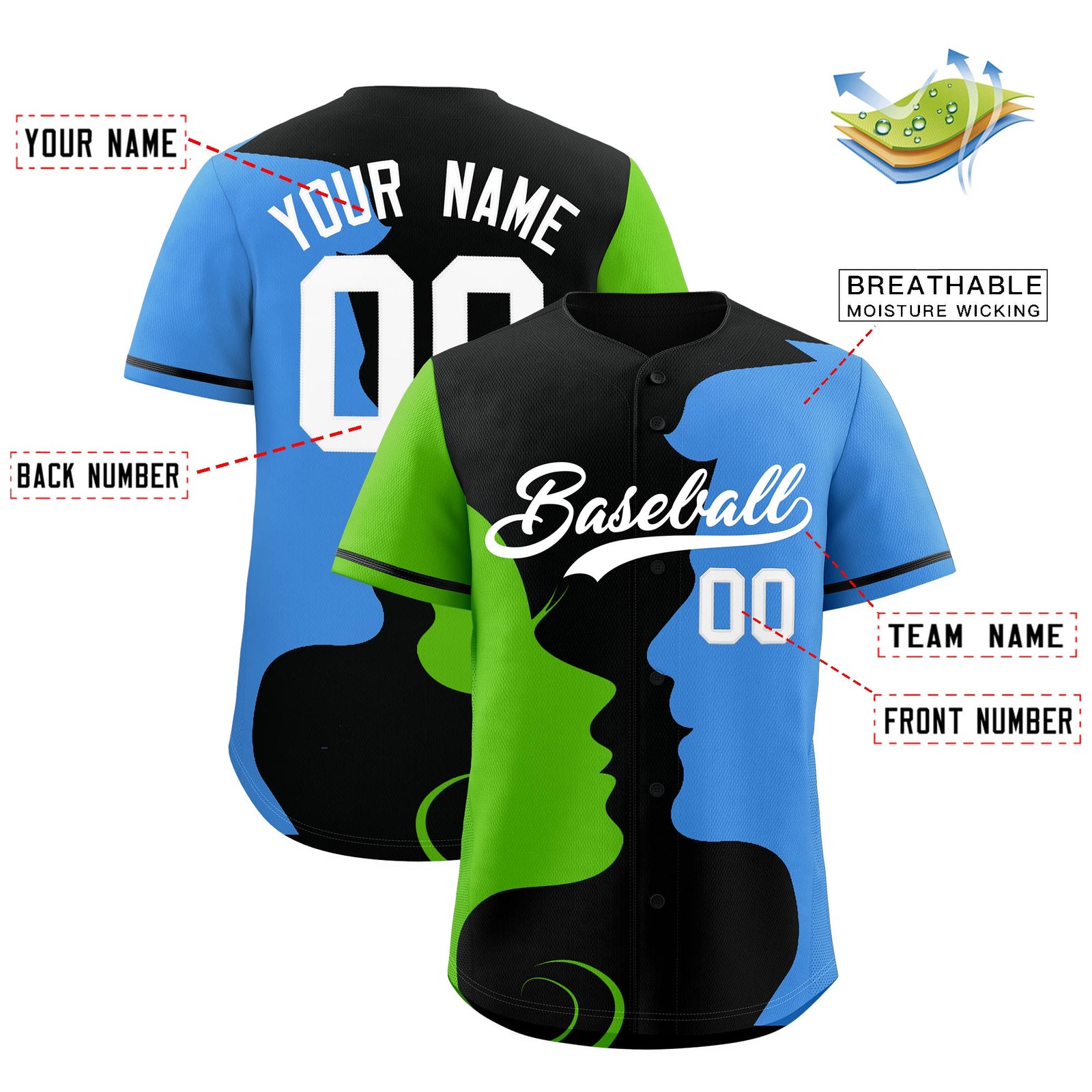 Custom Black Green Powder Blue Silhouettes of Loving Couple Valentine's Day Baseball Jersey| KXKSHOP