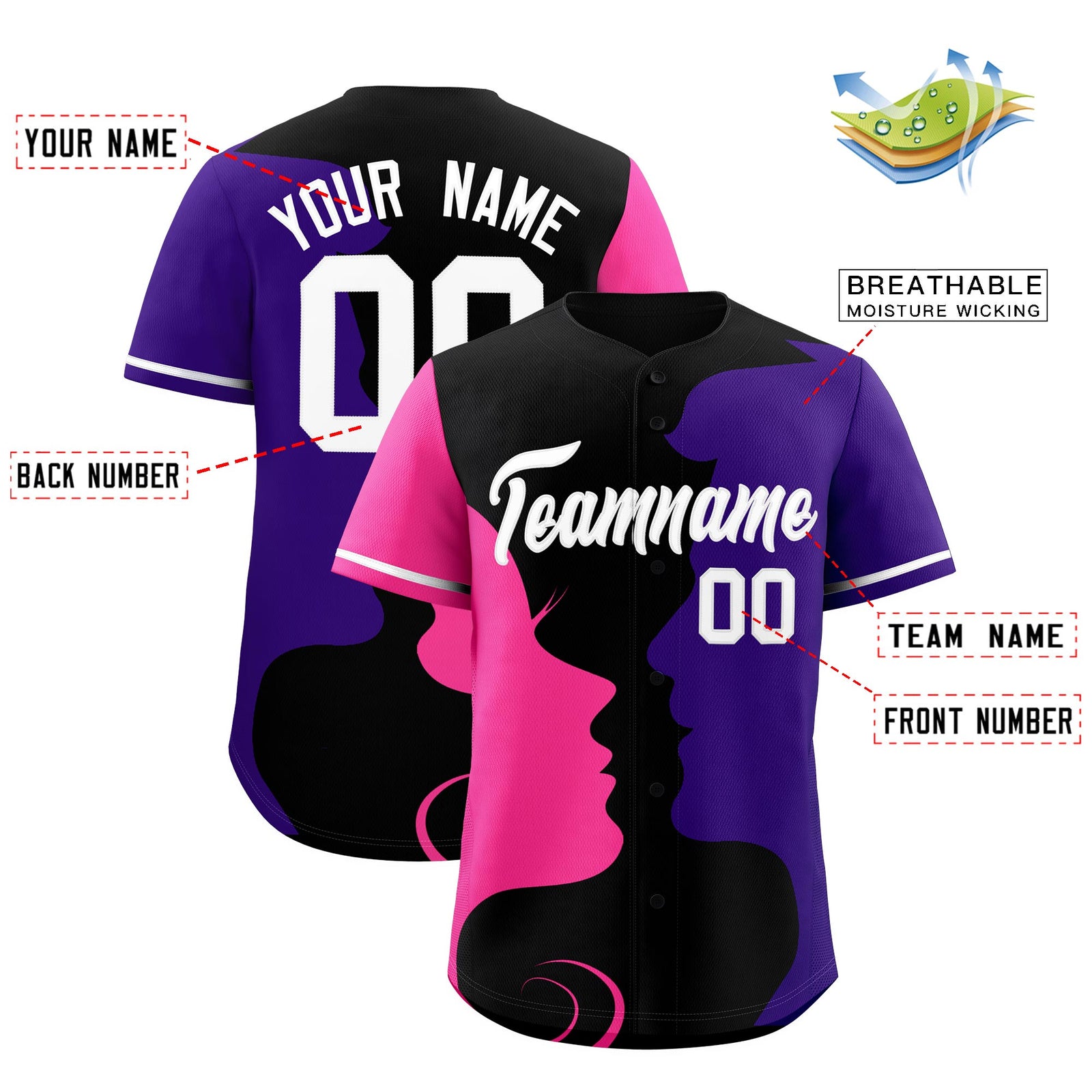 Custom White Pink Purple Silhouettes of Loving Couple Valentine's Day Baseball Jersey| KXKSHOP