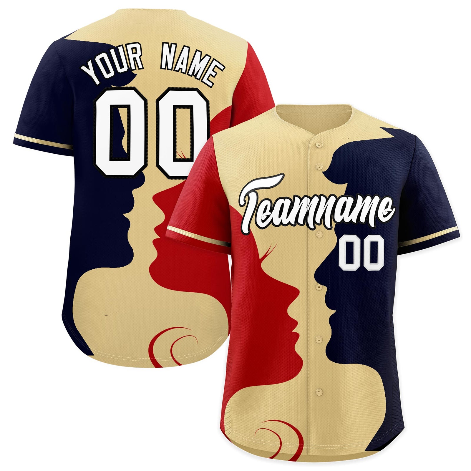 Custom Khaki Red Navy Silhouettes of Loving Couple Valentine's Day Baseball Jersey| KXKSHOP
