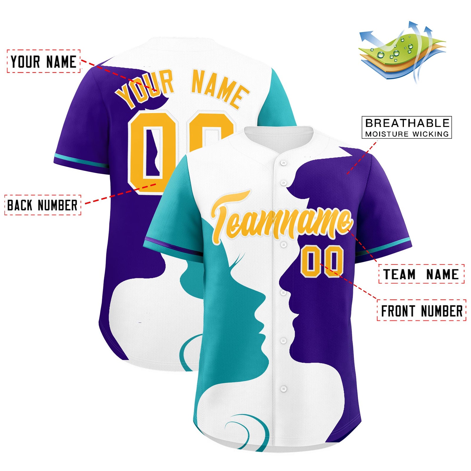 Custom Teal Purple White Silhouettes of Loving Couple Valentine's Day Baseball Jersey| KXKSHOP