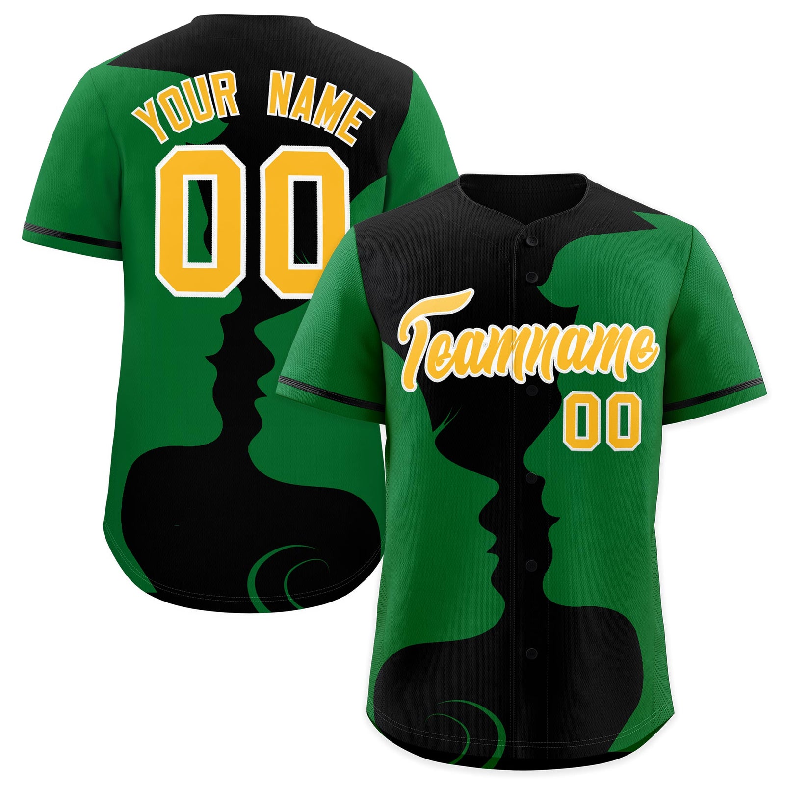 Custom Black Kelly Green Silhouettes of Loving Couple Valentine's Day Baseball Jersey| KXKSHOP
