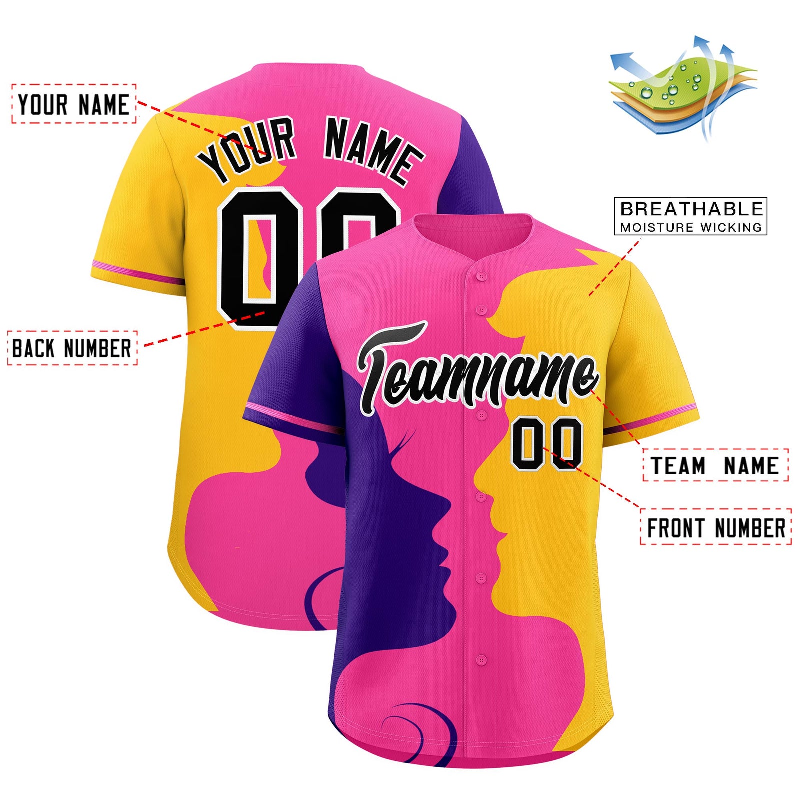 Custom Pink Purple Gold Silhouettes of Loving Couple Valentine's Day Baseball Jersey| KXKSHOP