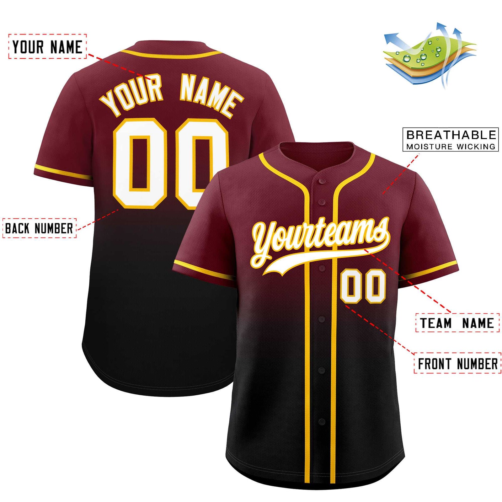 Custom Maroon Black Gradient Fashion Authentic Baseball Jersey