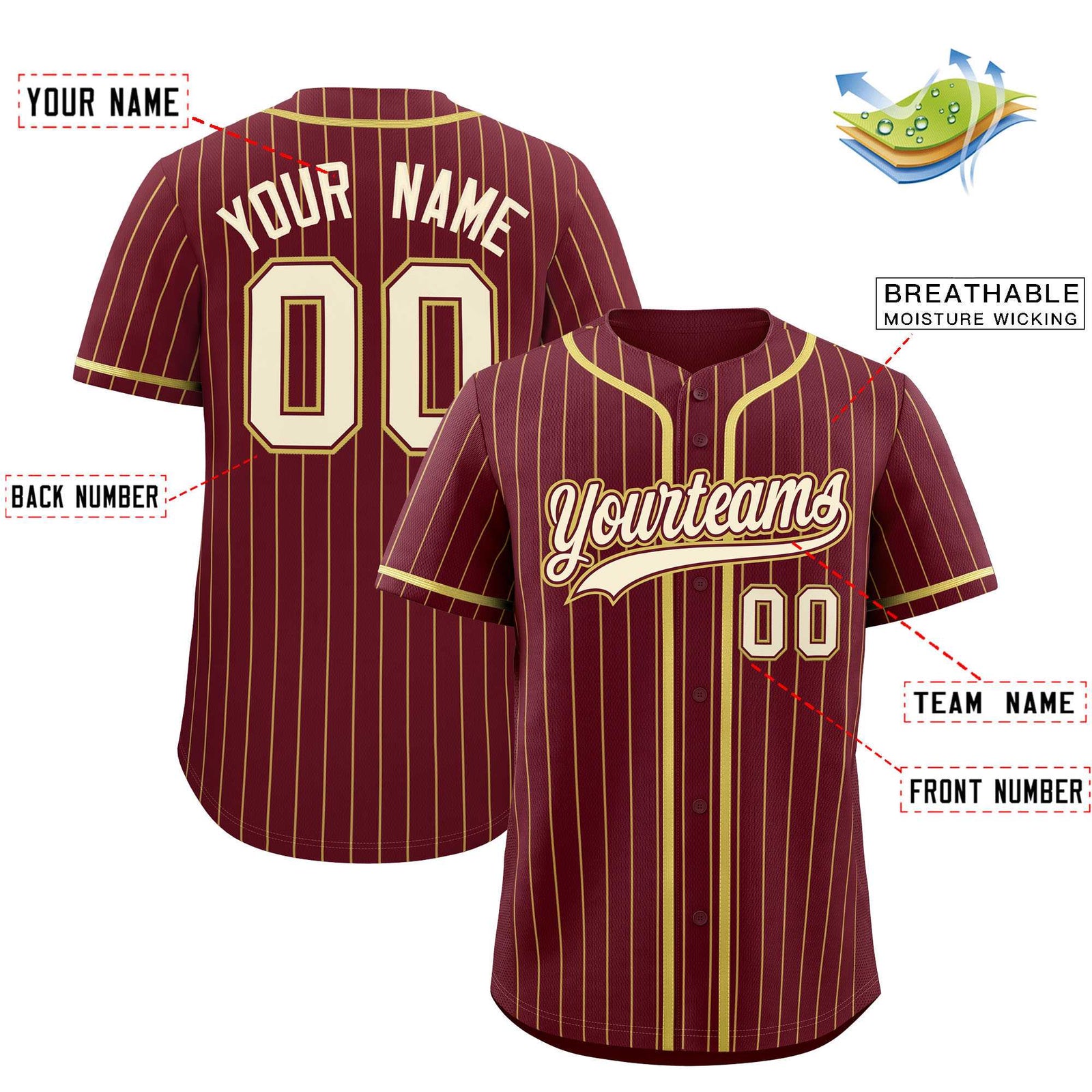 Custom Maroon Old Gold Stripe Fashion Authentic Baseball Jersey