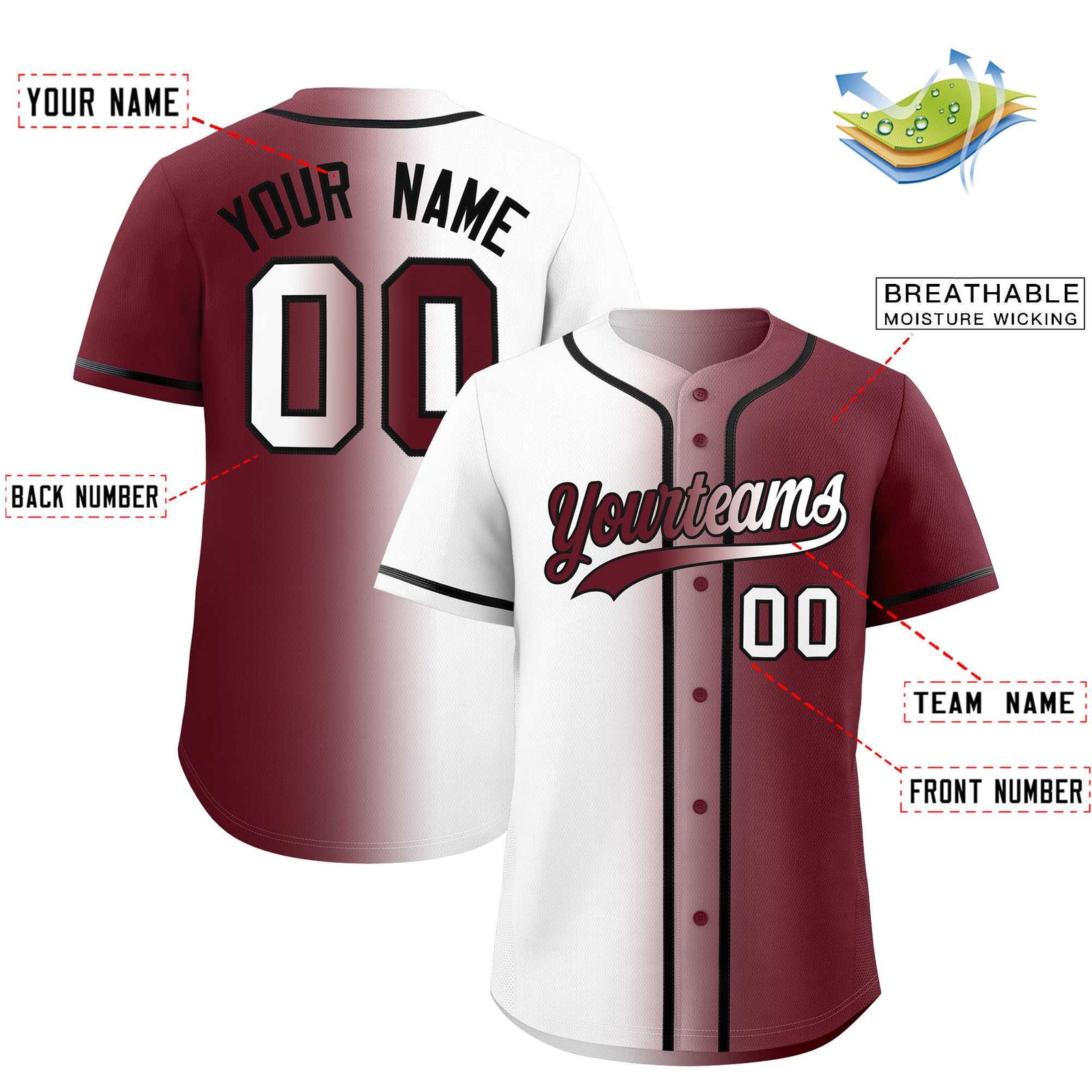 Custom White Maroon Two Tone Gradient Fashion Authentic Baseball Jersey