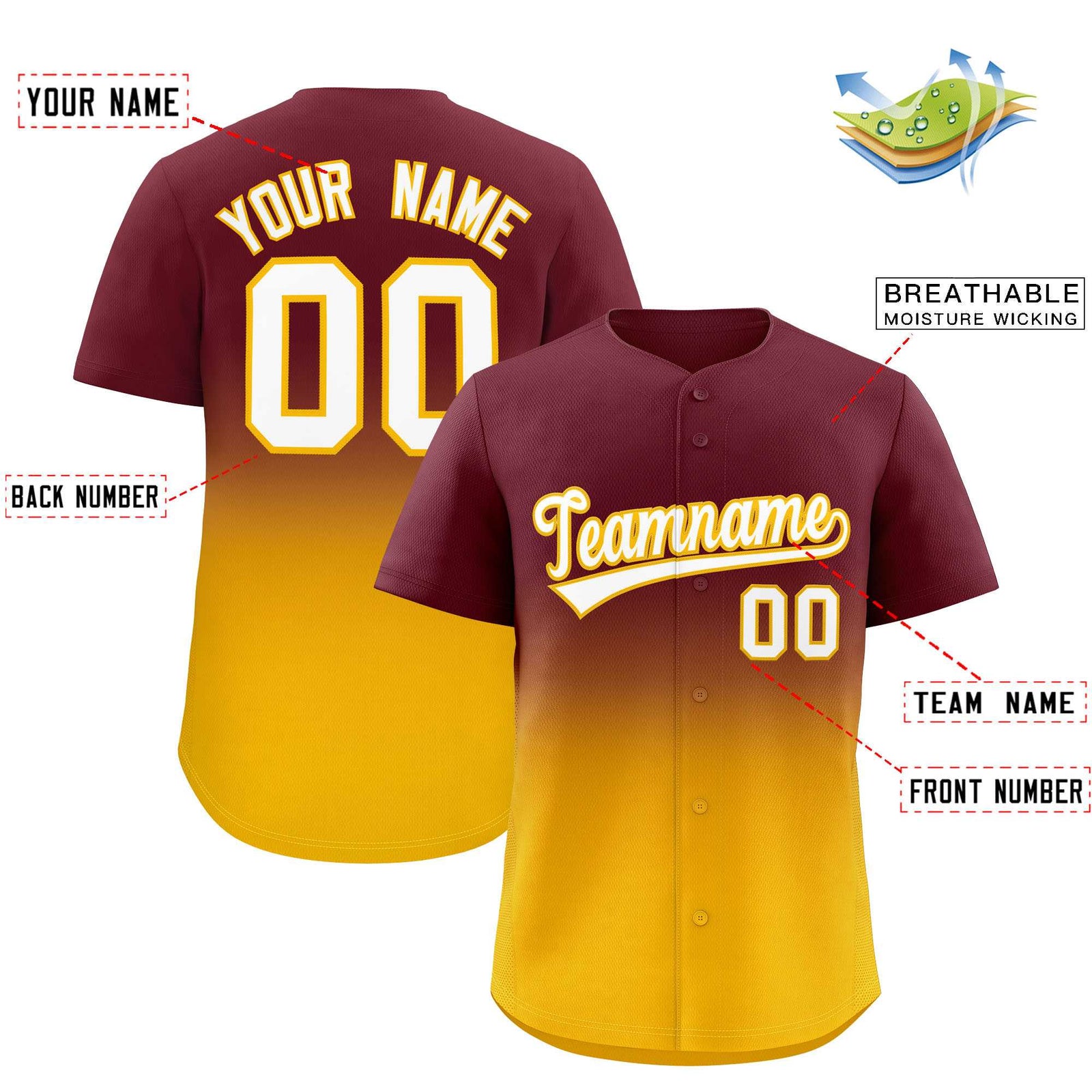 Custom Maroon Yellow Gradient Fashion Authentic Baseball Jersey