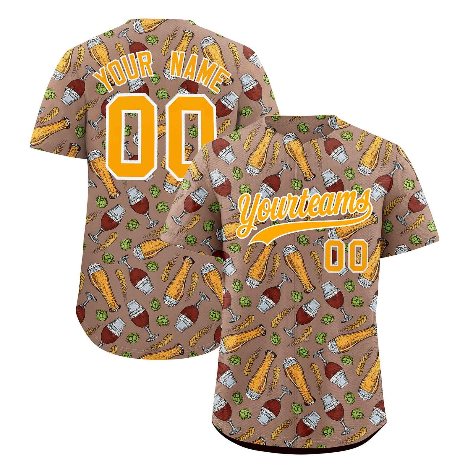 Custom Old Gold National Beer Day Personalized Beer Pattern Baseball Jersey | Suitable For Groups Or Parties | KXKSHOP