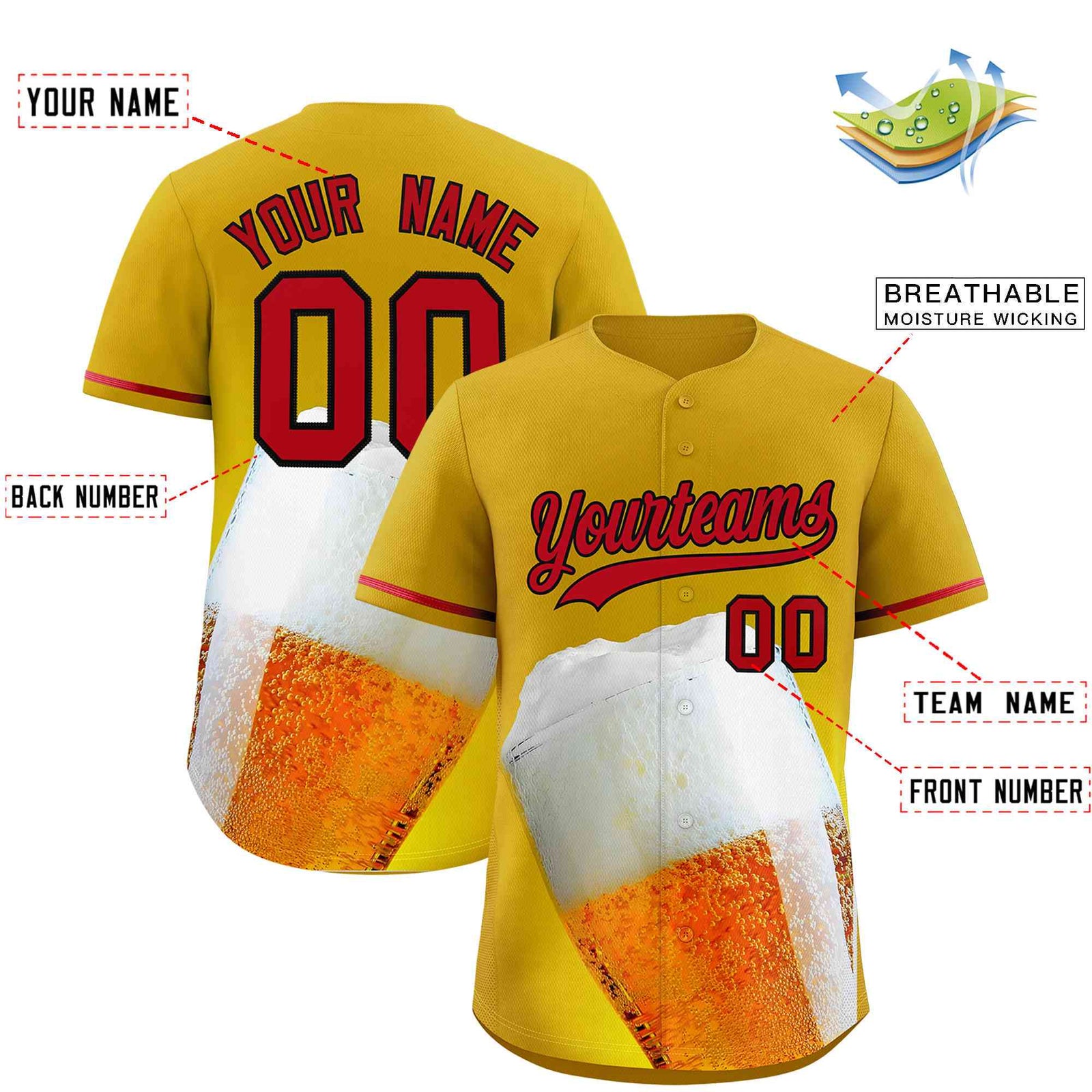 Custom Old Gold Red National Beer Day Personalized Beer Pattern Baseball Jersey | Suitable For Groups Or Parties | KXKSHOP
