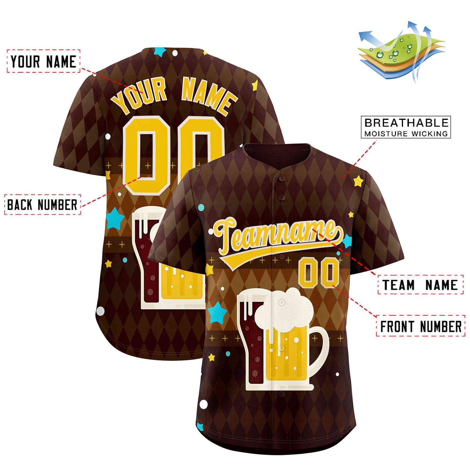 Custom Brown Light Brown National Beer Day Personalized Beer Pattern Baseball Jersey | Suitable For Groups Or Parties | KXKSHOP