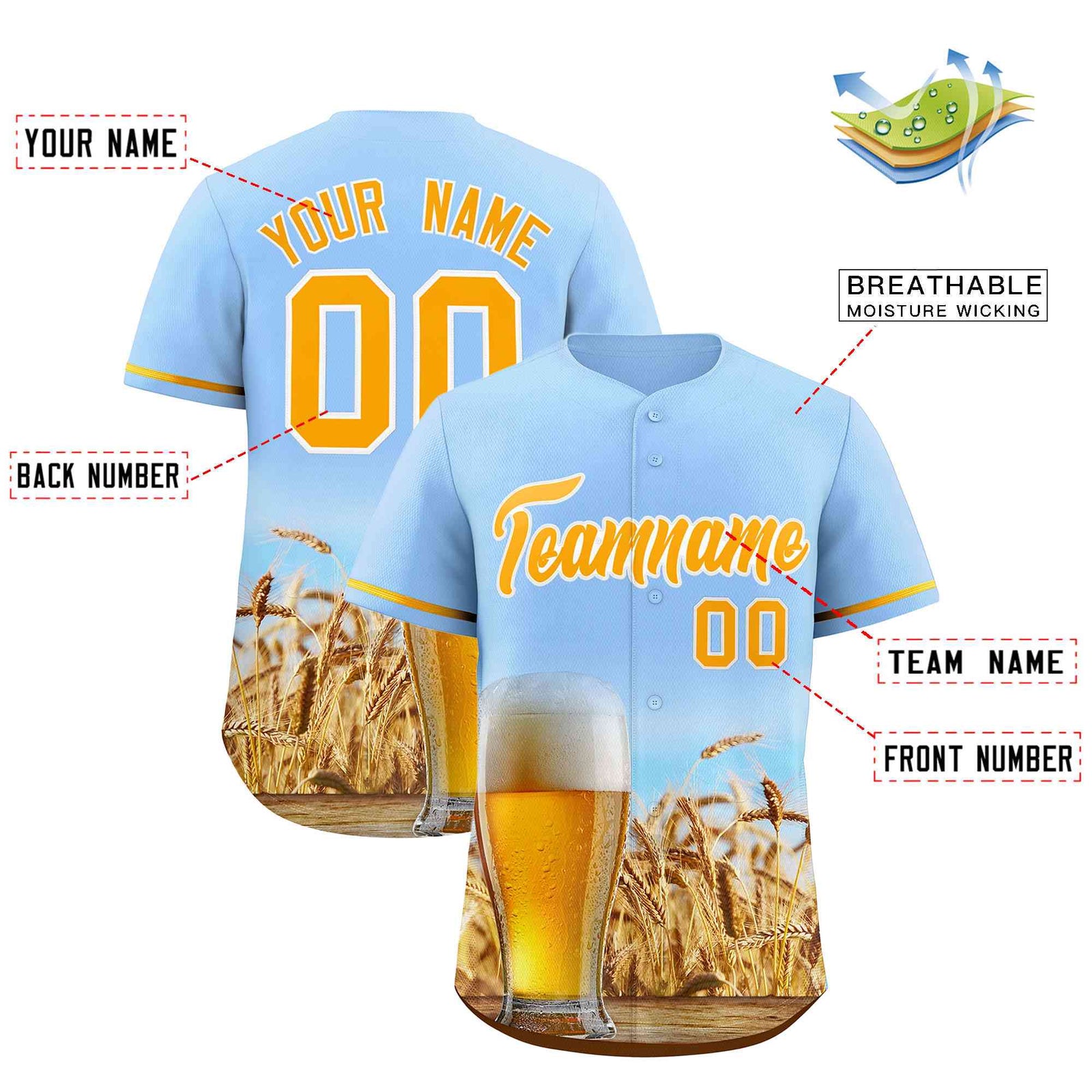 Custom Light Blue Gold National Beer Day Personalized Beer Pattern Baseball Jersey | Suitable For Groups Or Parties | KXKSHOP