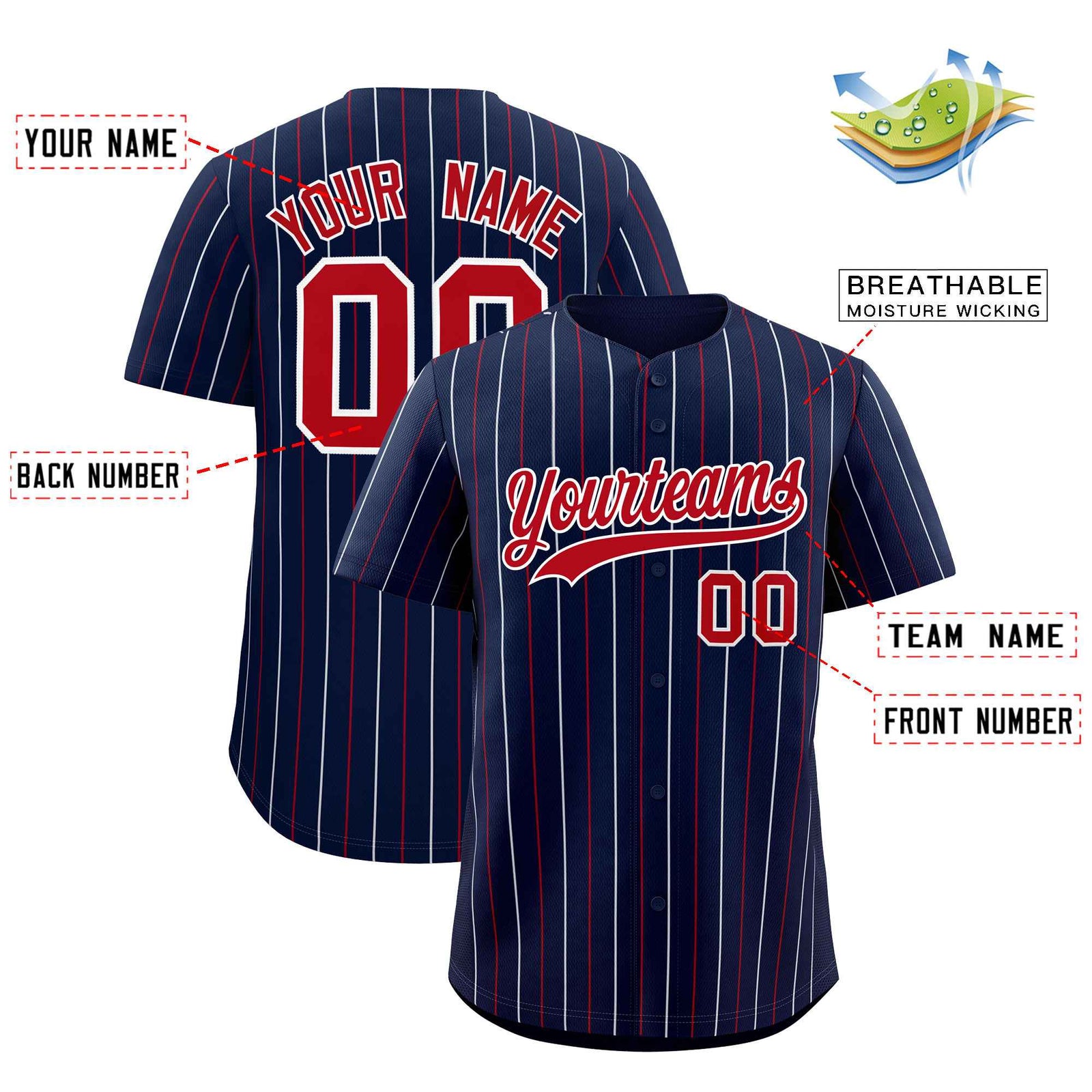 Custom Navy Red and White Bi-Color Stripes Fashion Authentic Baseball Jersey