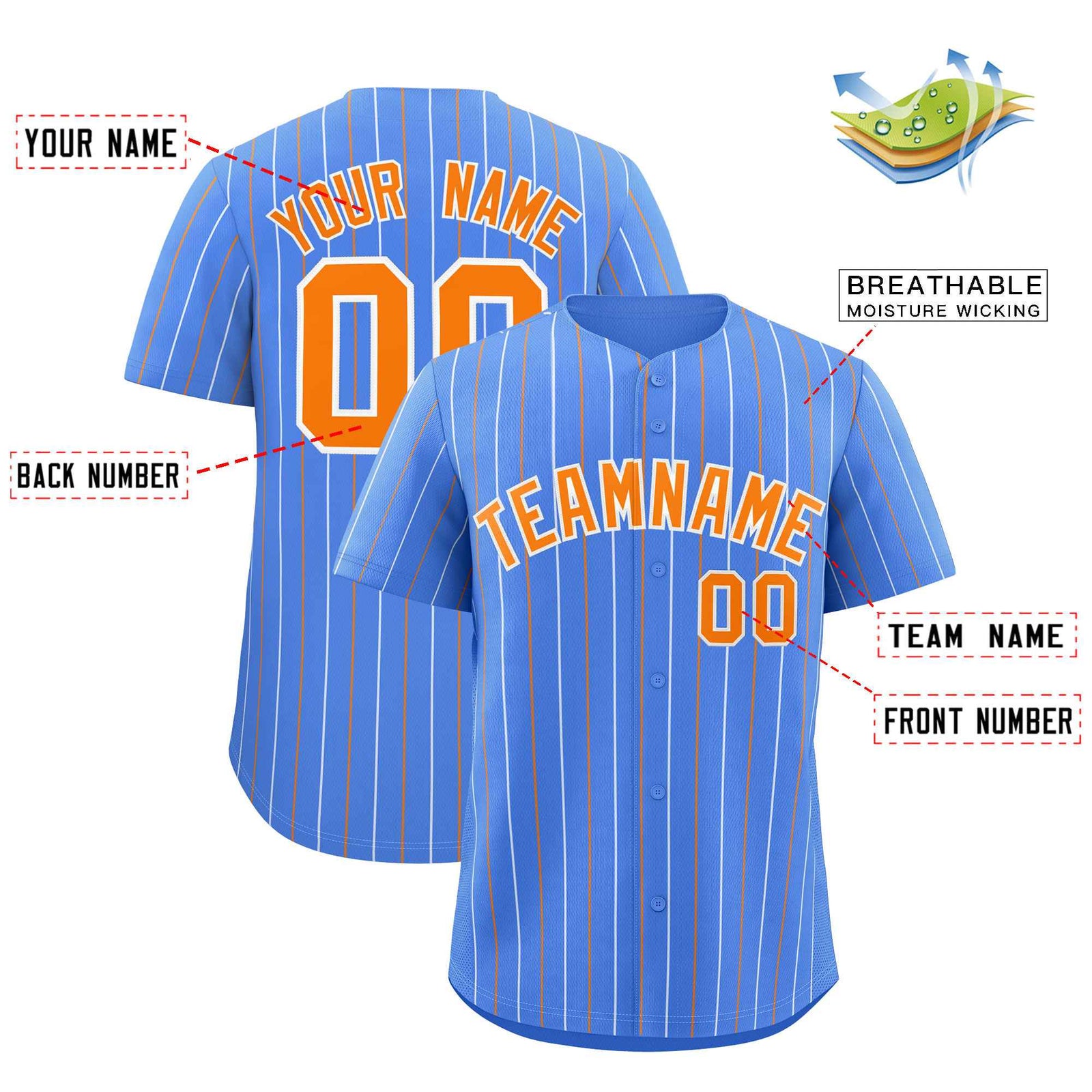 Custom Powder Blue Orange and White Bi-Color Stripes Fashion Authentic Baseball Jersey