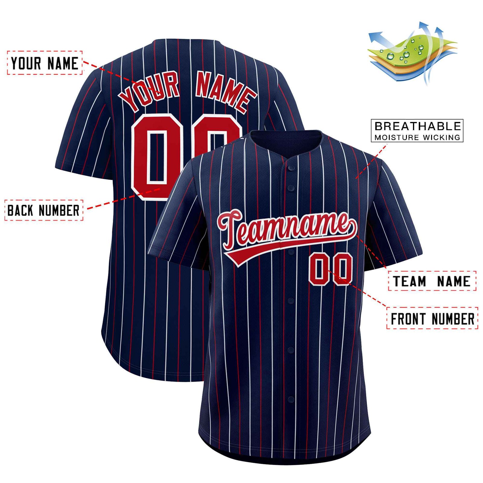 Custom Navy Red and White Bi-Color Stripes Fashion Authentic Baseball Jersey