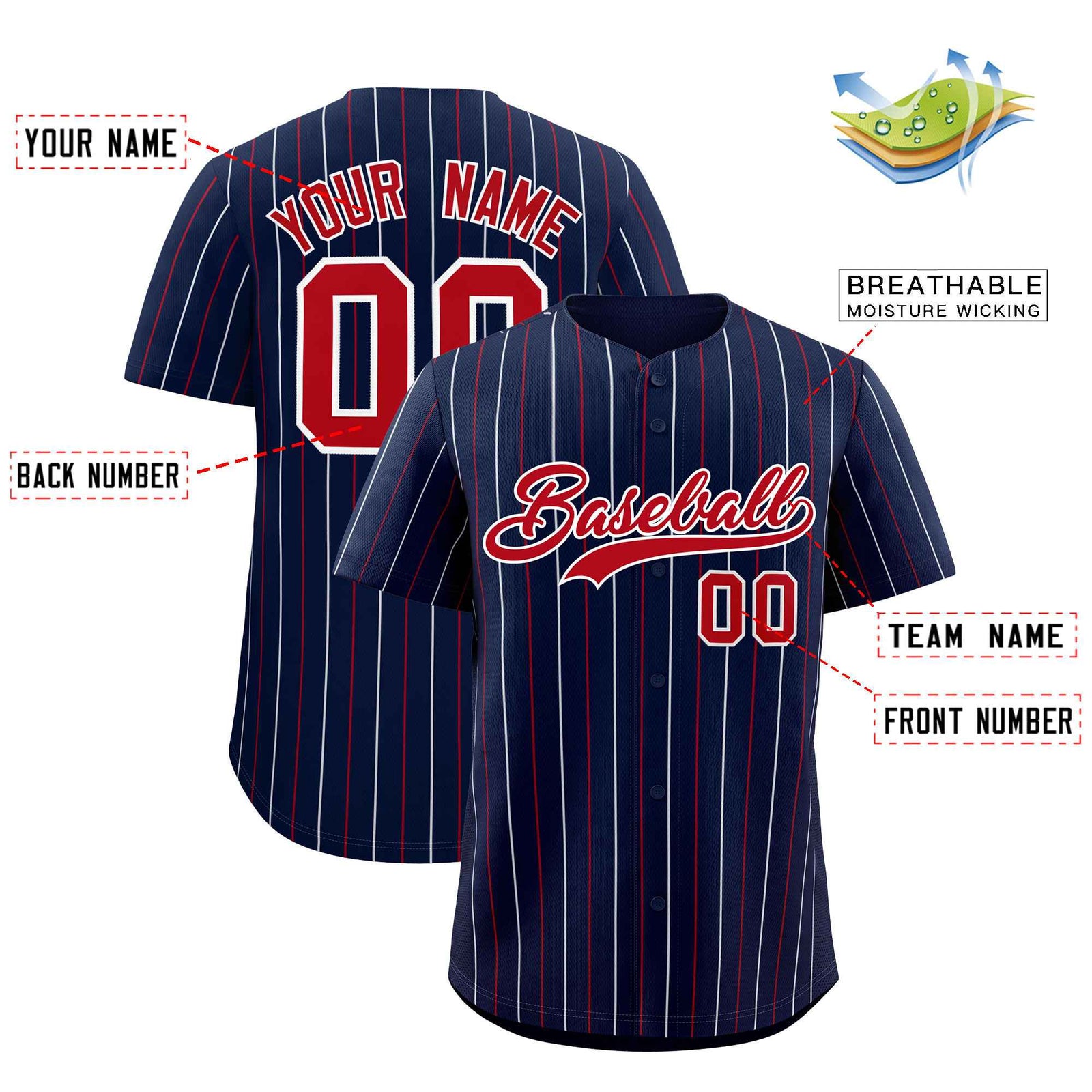 Custom Navy Red and White Bi-Color Stripes Fashion Authentic Baseball Jersey