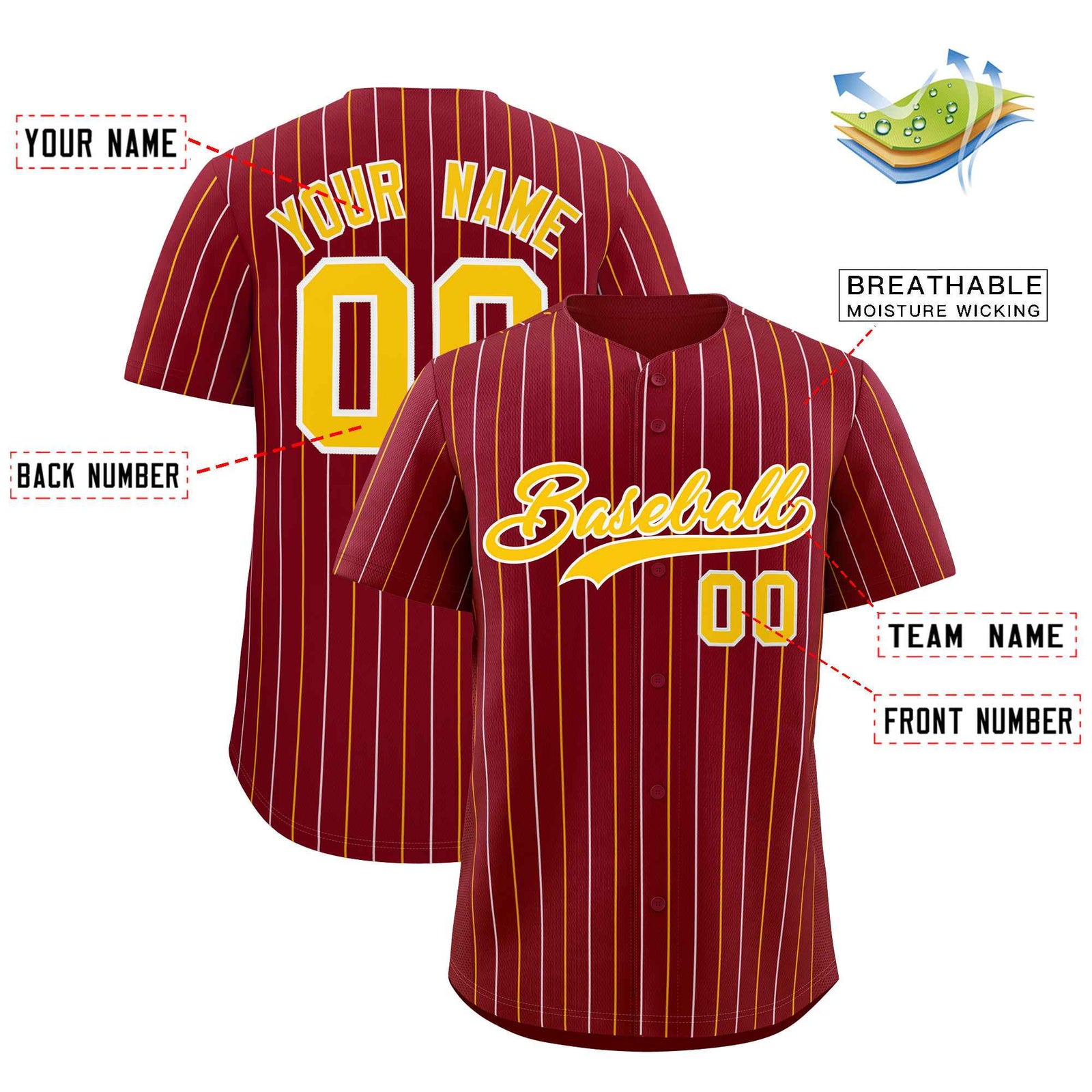 Custom Crimson Gold and White Bi-Color Stripes Fashion Authentic Baseball Jersey