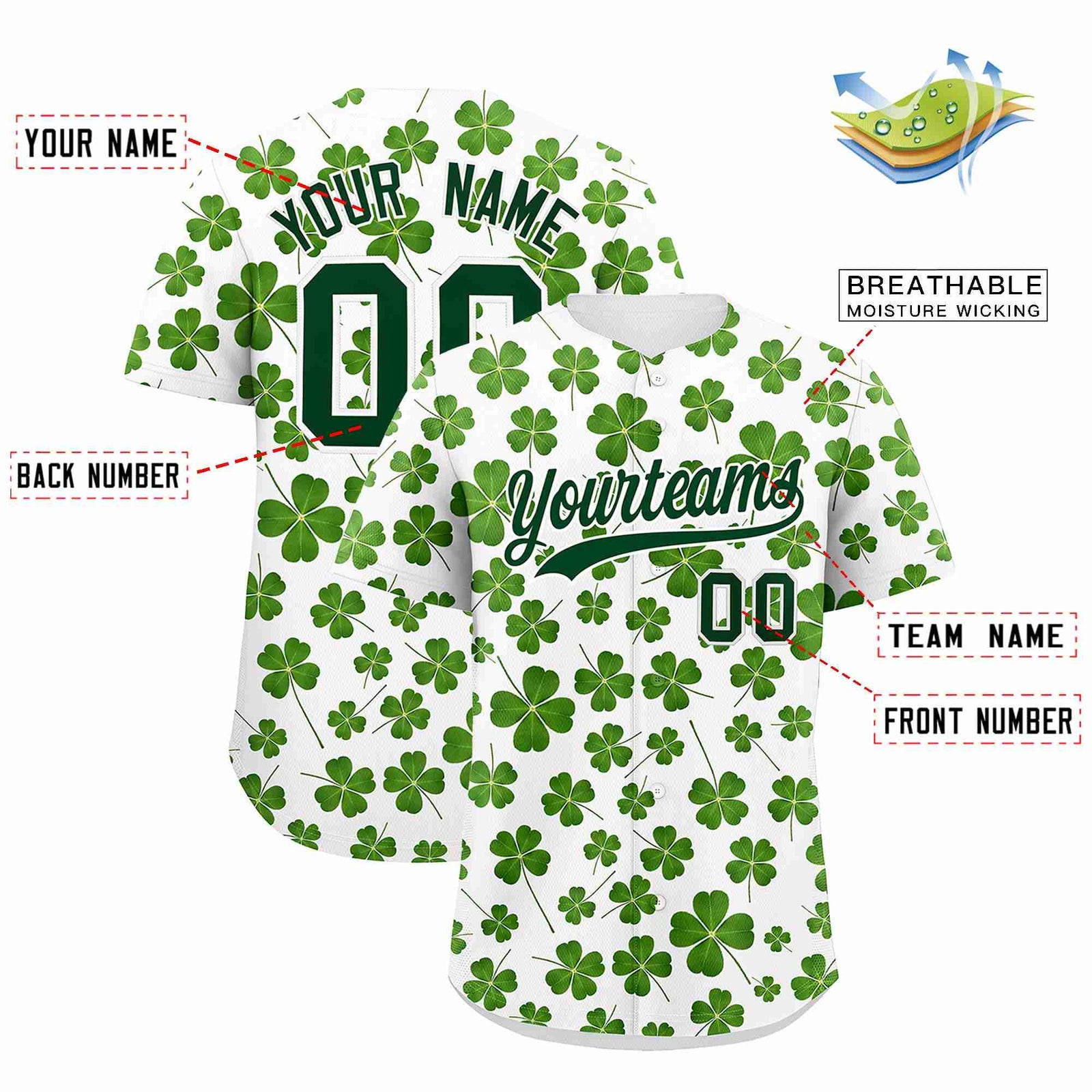 Custom White Green St.Patrick's Day Personalized Four Leaf Clover Pattern Baseball Jersey