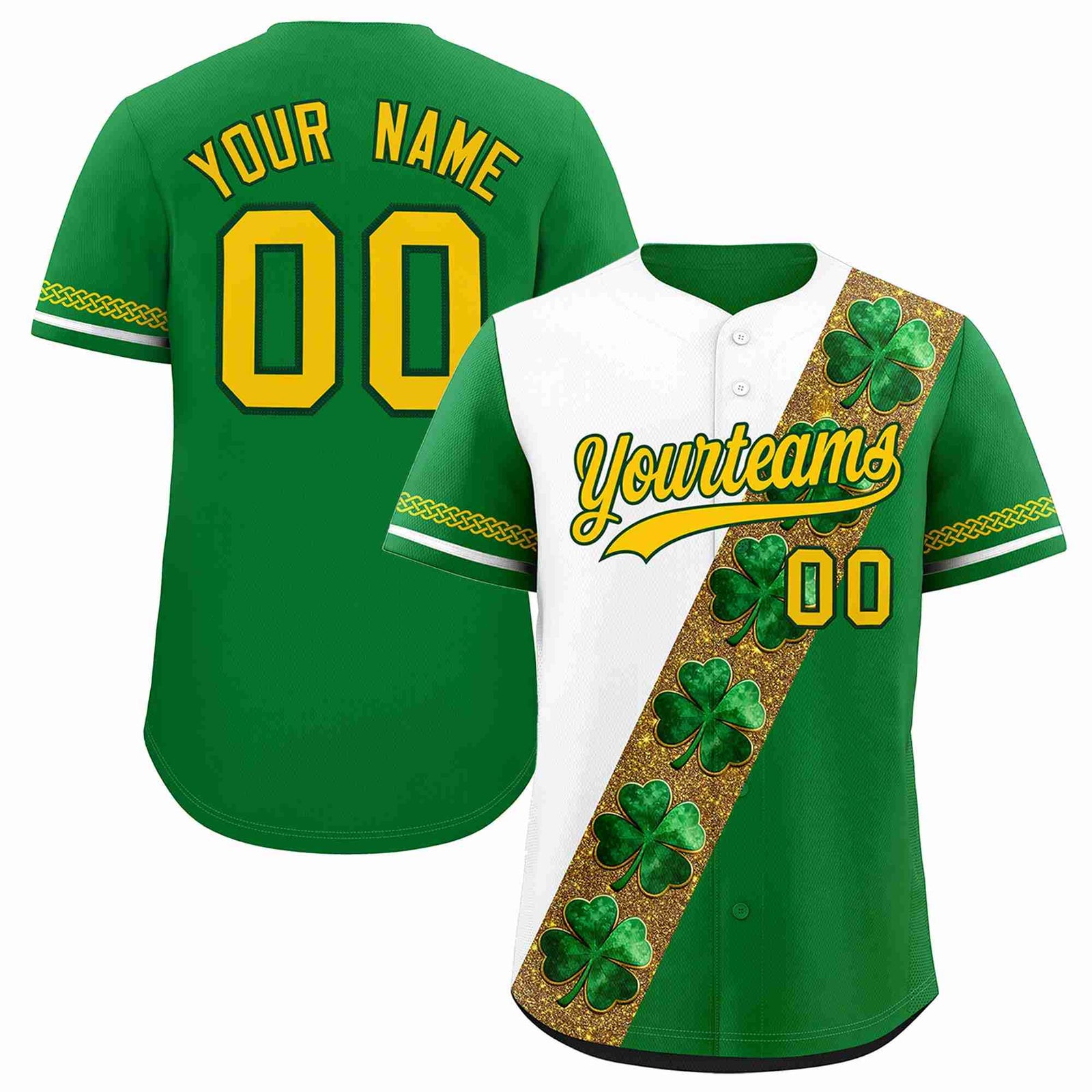 Custom White Kelly Green St.Patrick's Day Personalized Four Leaf Clover Pattern Baseball Jersey