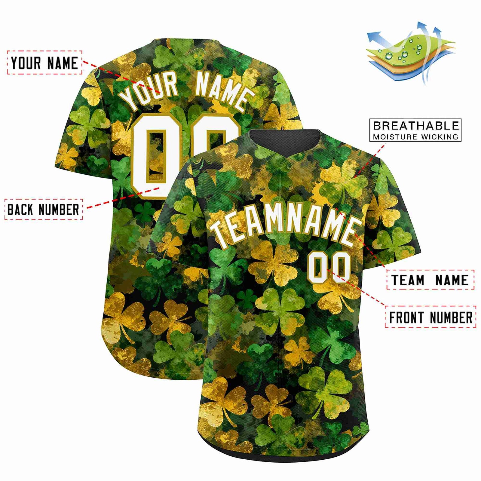 Custom Black White St.Patrick's Day Personalized Four Leaf Clover Pattern Baseball Jersey