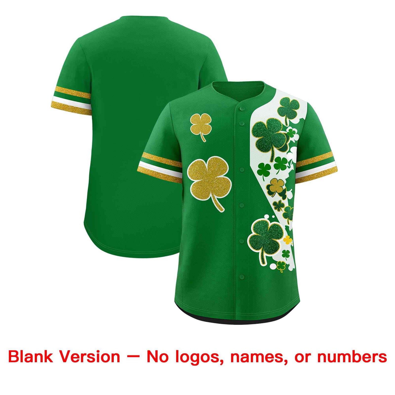 Custom Kelly Green Gold St.Patrick's Day Personalized Four Leaf Clover Pattern Baseball Jersey
