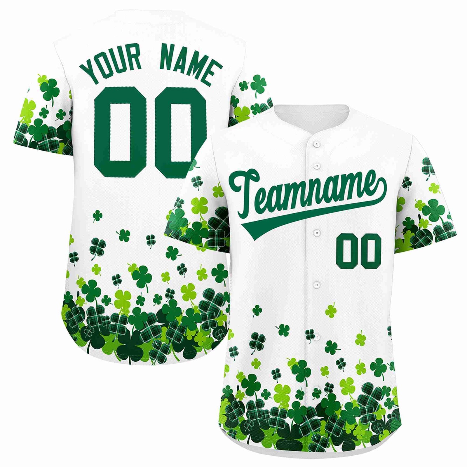 Custom White Green St.Patrick's Day Personalized Four Leaf Clover Pattern Baseball Jersey| KXKSHOP