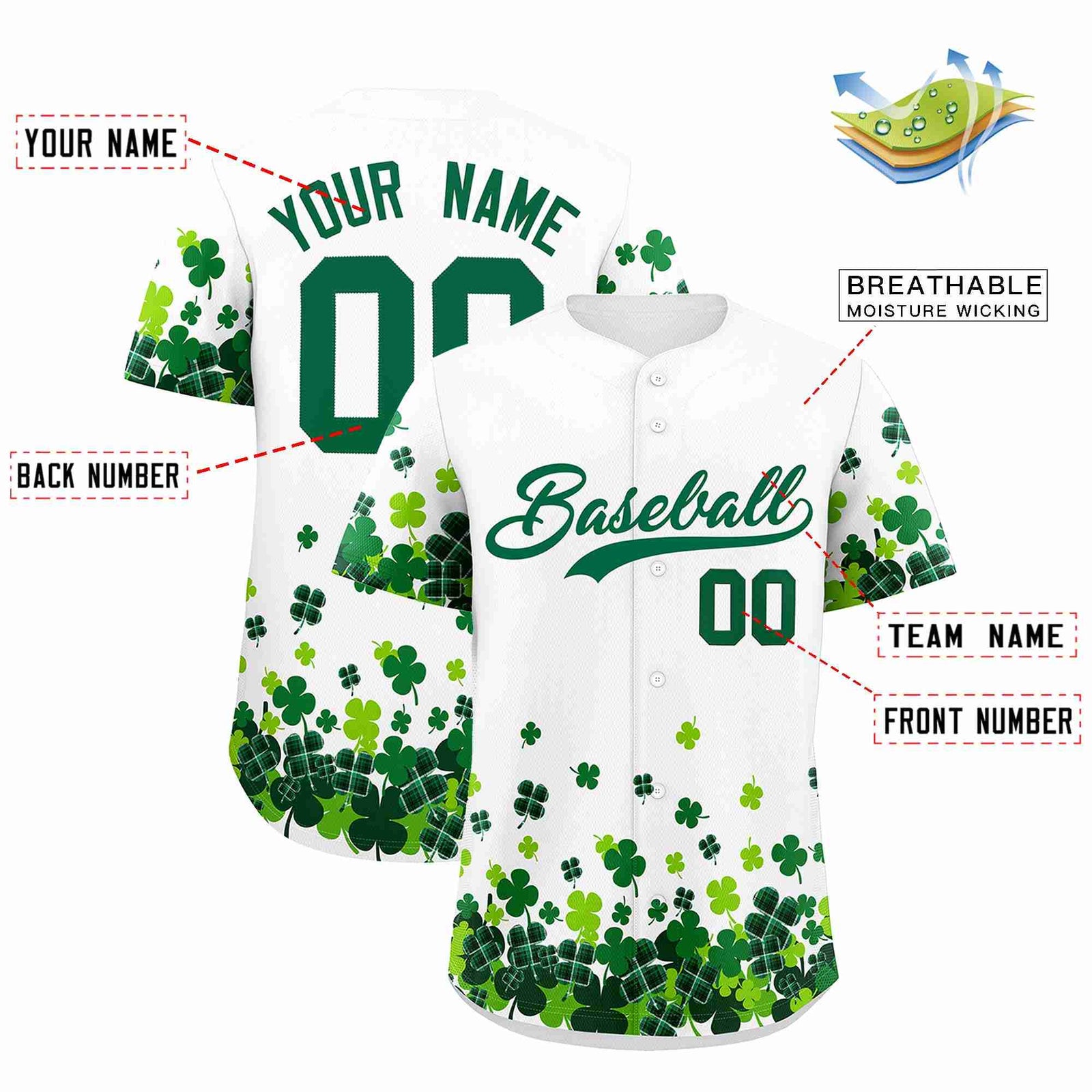 Custom White Green St.Patrick's Day Personalized Four Leaf Clover Pattern Baseball Jersey