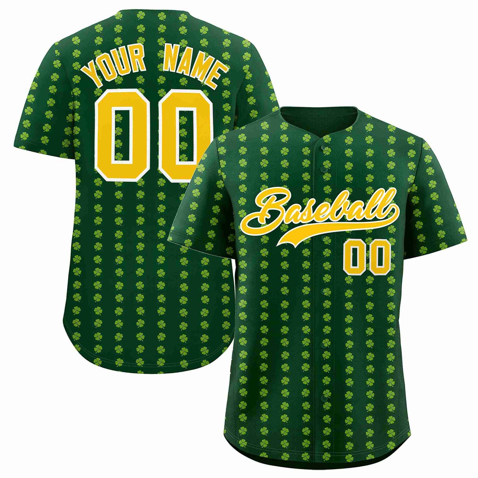 Custom Green Gold St.Patrick's Day Personalized Four Leaf Clover Pattern Baseball Jersey