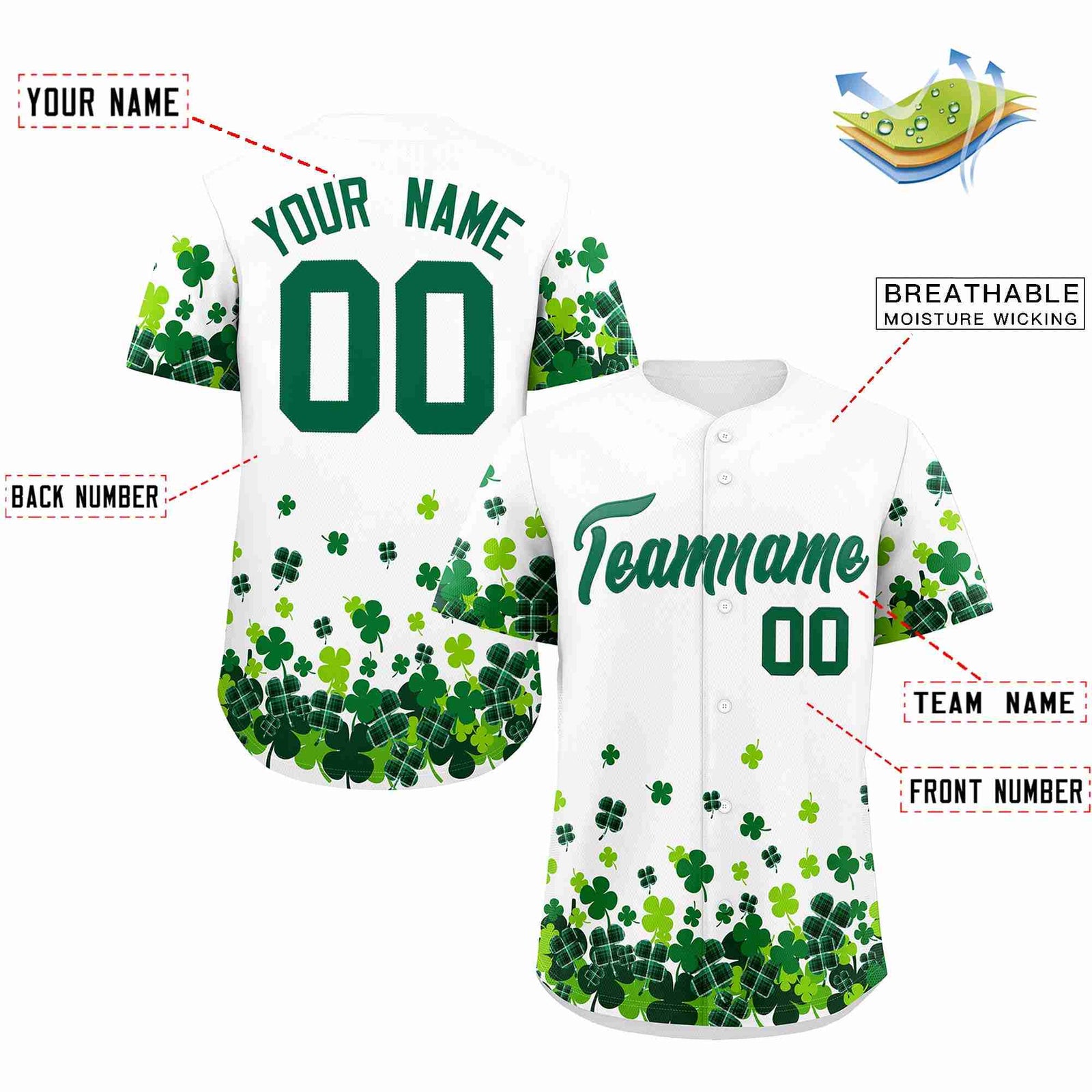 Custom White Green St.Patrick's Day Personalized Four Leaf Clover Pattern Baseball Jersey