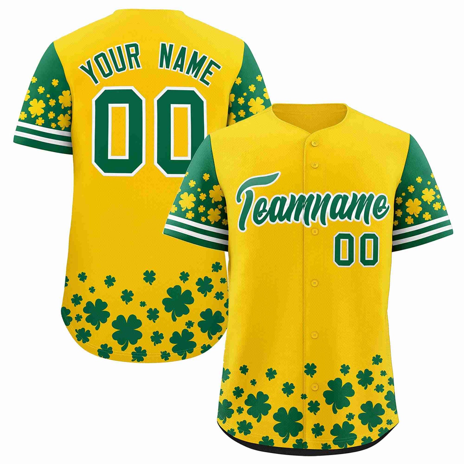 Custom Gold Kelly Green St.Patrick's Day Personalized Four Leaf Clover Pattern Baseball Jersey