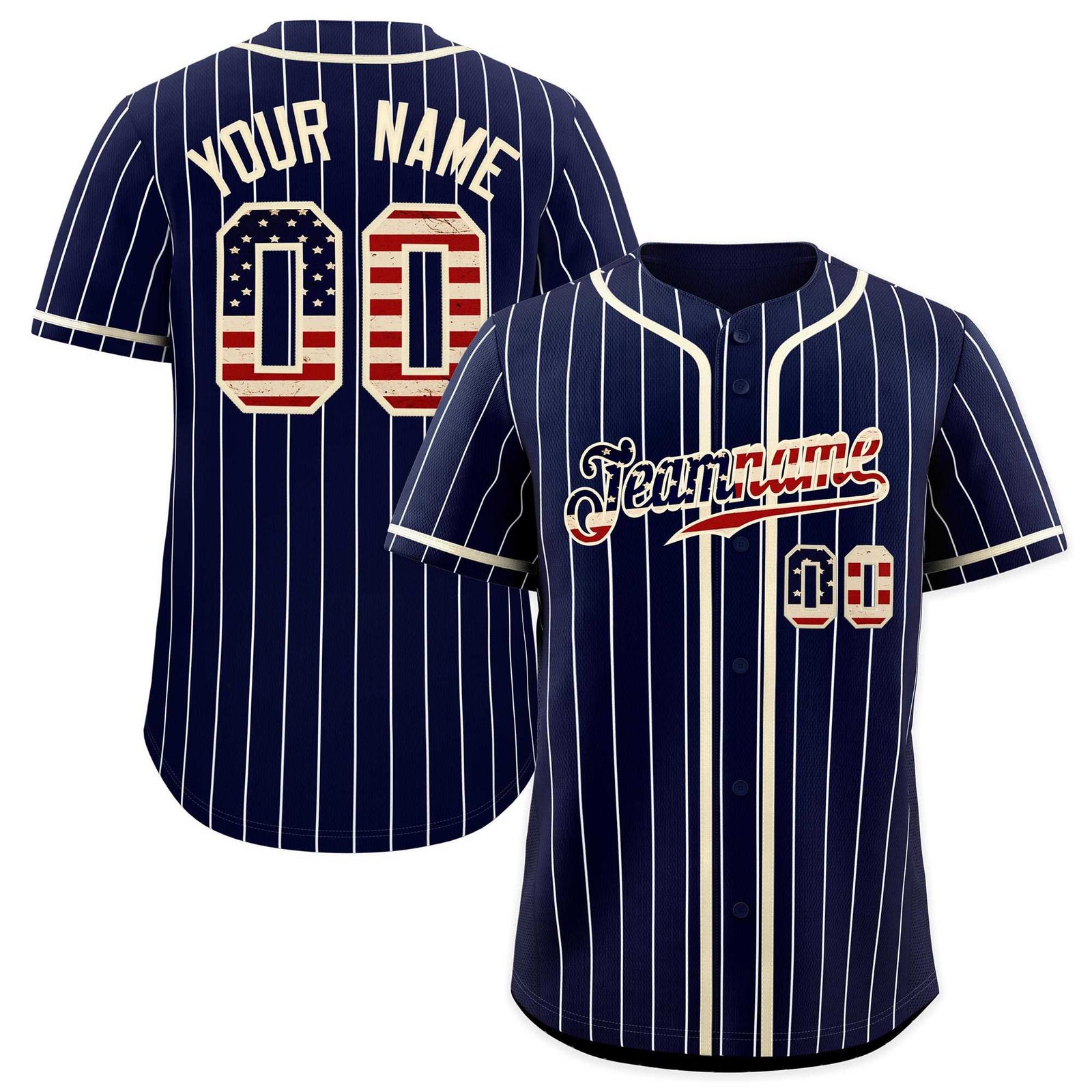 Custom Navy Cream Pinstripe Vintage USA Flag Authentic Baseball Jersey