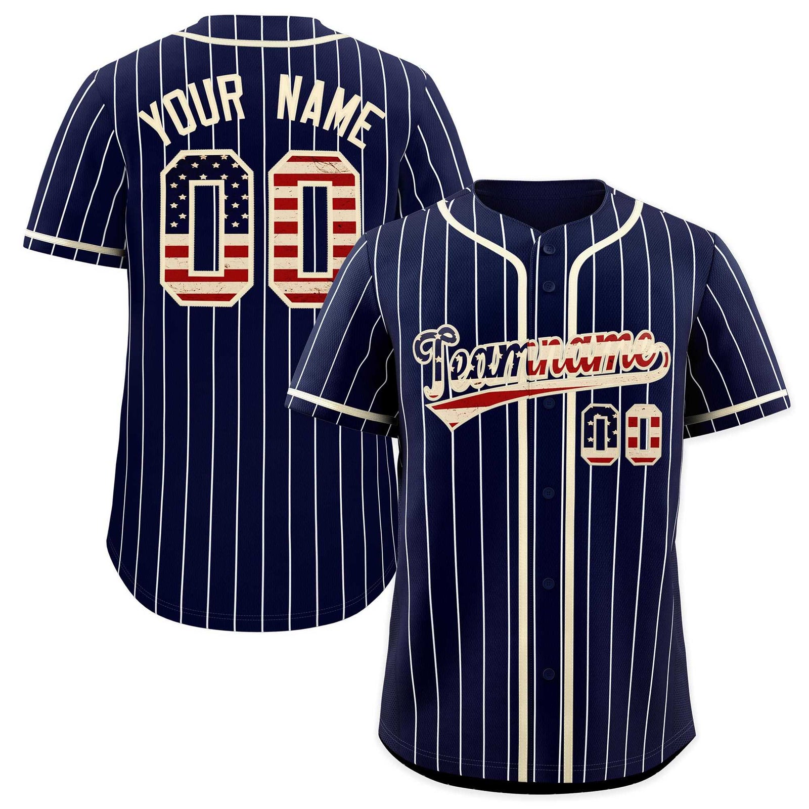 Custom Navy Cream Pinstripe Vintage USA Flag Authentic Baseball Jersey| KXKSHOP