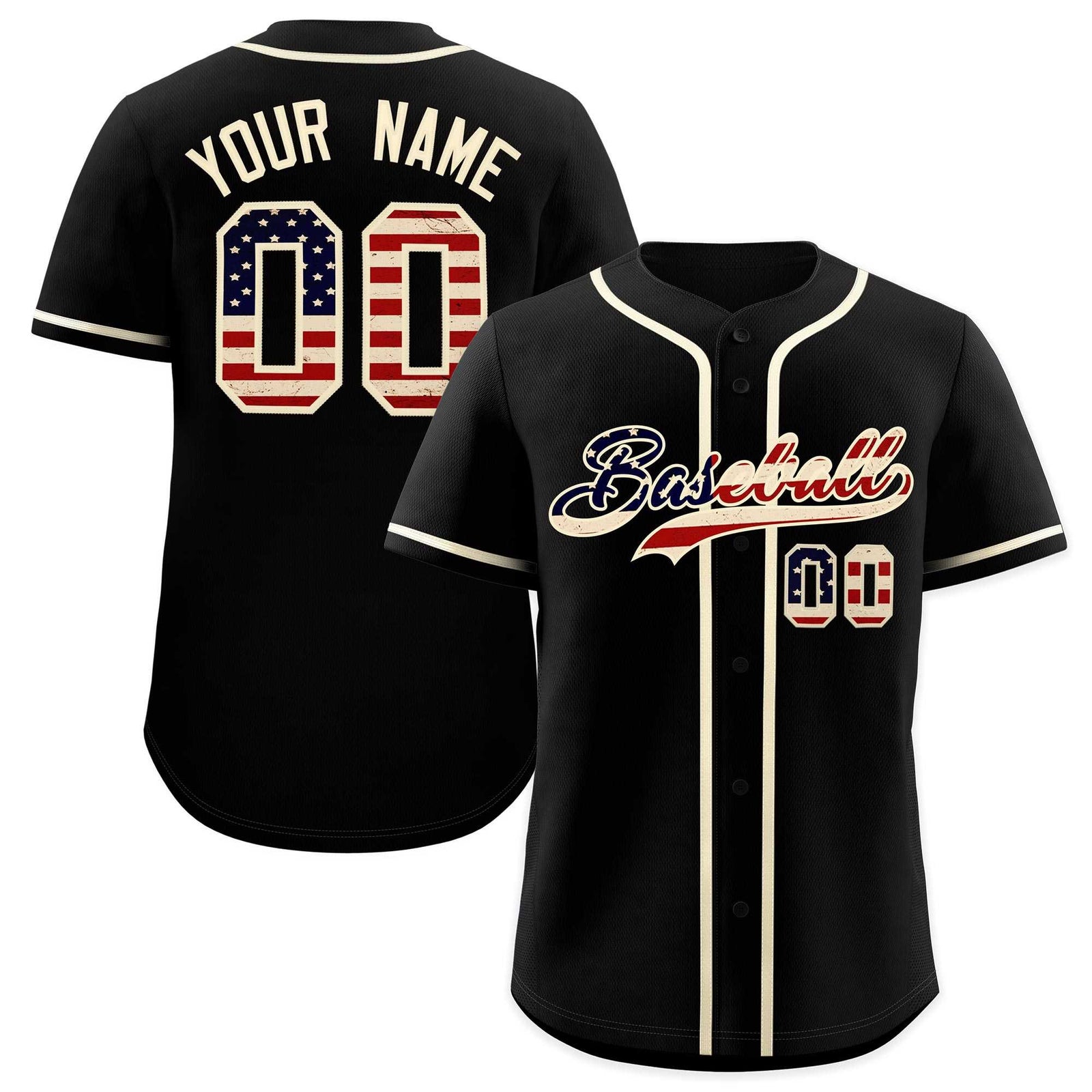 Custom Black Cream Vintage USA Flag Authentic Baseball Jersey