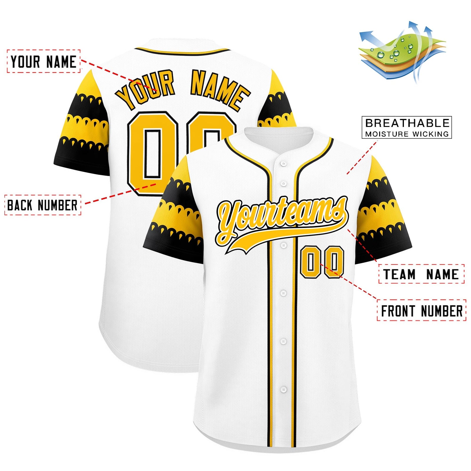 Custom White Gold Black Sleeve Flag Lace Baseball Jersey | Sublimation Printed & Embroidery,Add Name and Numbern,Perfect for Teams | KXKSHOP