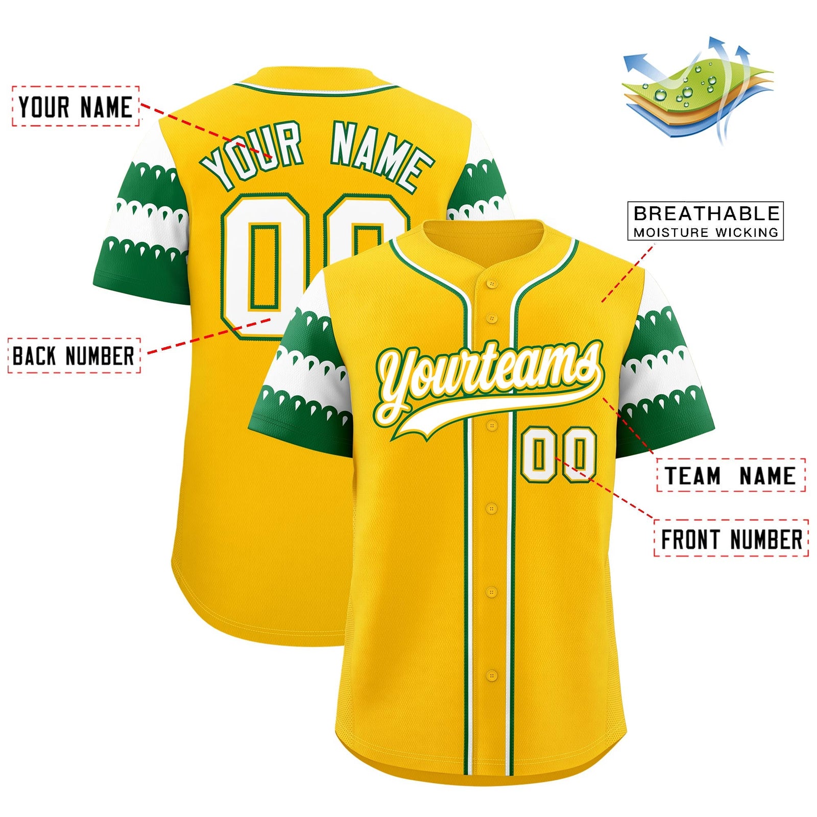 Custom Gold Kelly Green White Sleeve Flag Lace Baseball Jersey | Sublimation Printed & Embroidery,Add Name and Numbern,Perfect for Teams | KXKSHOP