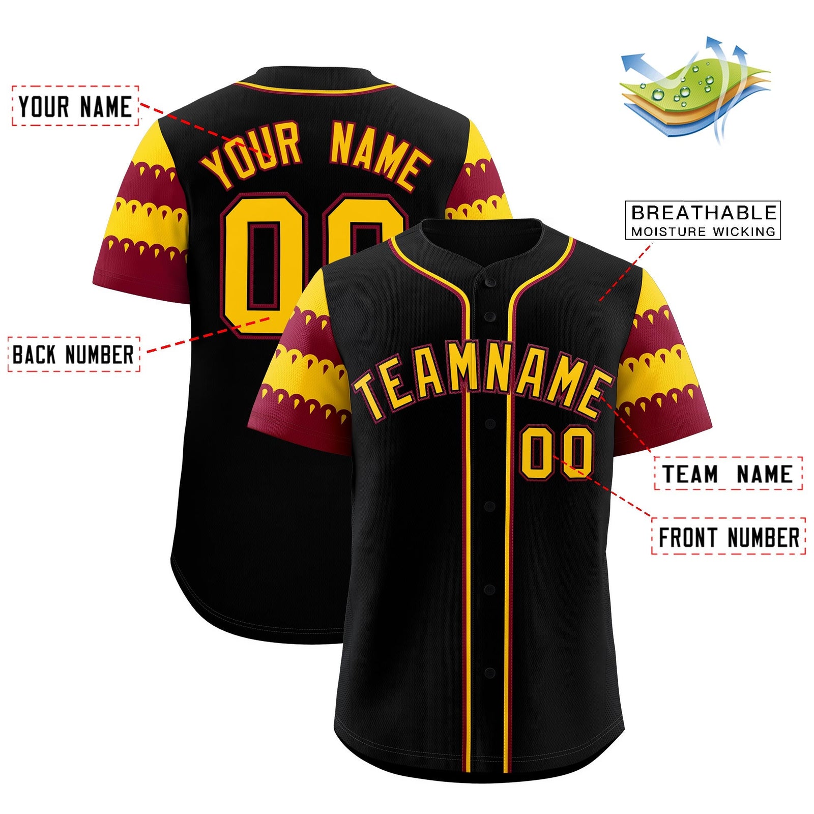 Custom Black Crimson Gold Sleeve Flag Lace Baseball Jersey | Sublimation Printed & Embroidery,Add Name and Numbern,Perfect for Teams | KXKSHOP