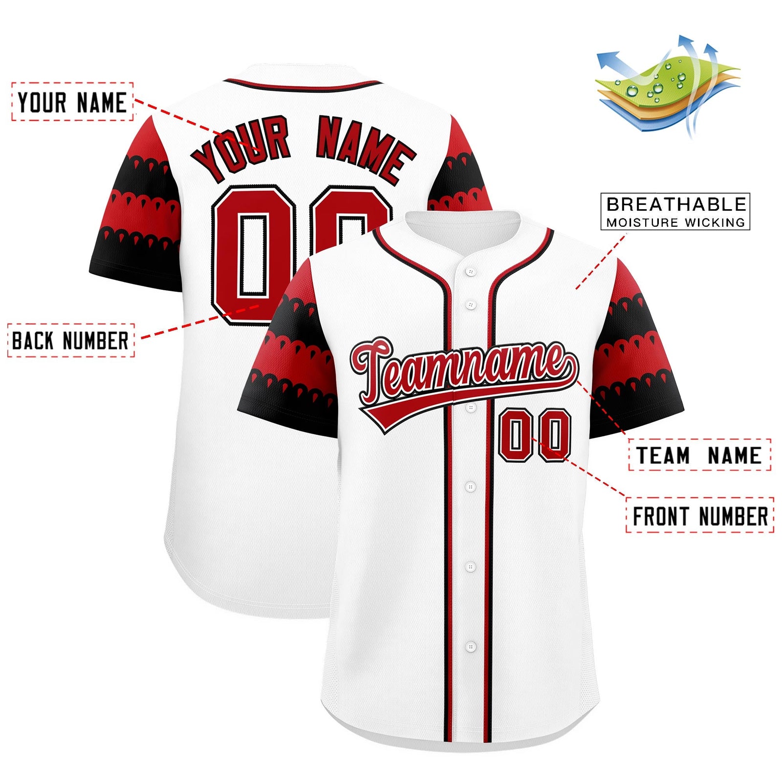 Custom White Red Black Sleeve Flag Lace Baseball Jersey | Sublimation Printed & Embroidery,Add Name and Numbern,Perfect for Teams | KXKSHOP